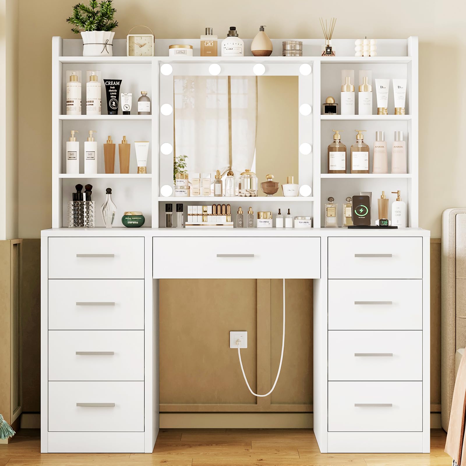 FIONESO Vanity Desk with Mirror and Lights, Power Outlet, Makeup Vanity with 9 Drawers & 6 Open Storage Shelves, 3 Lighting Mode