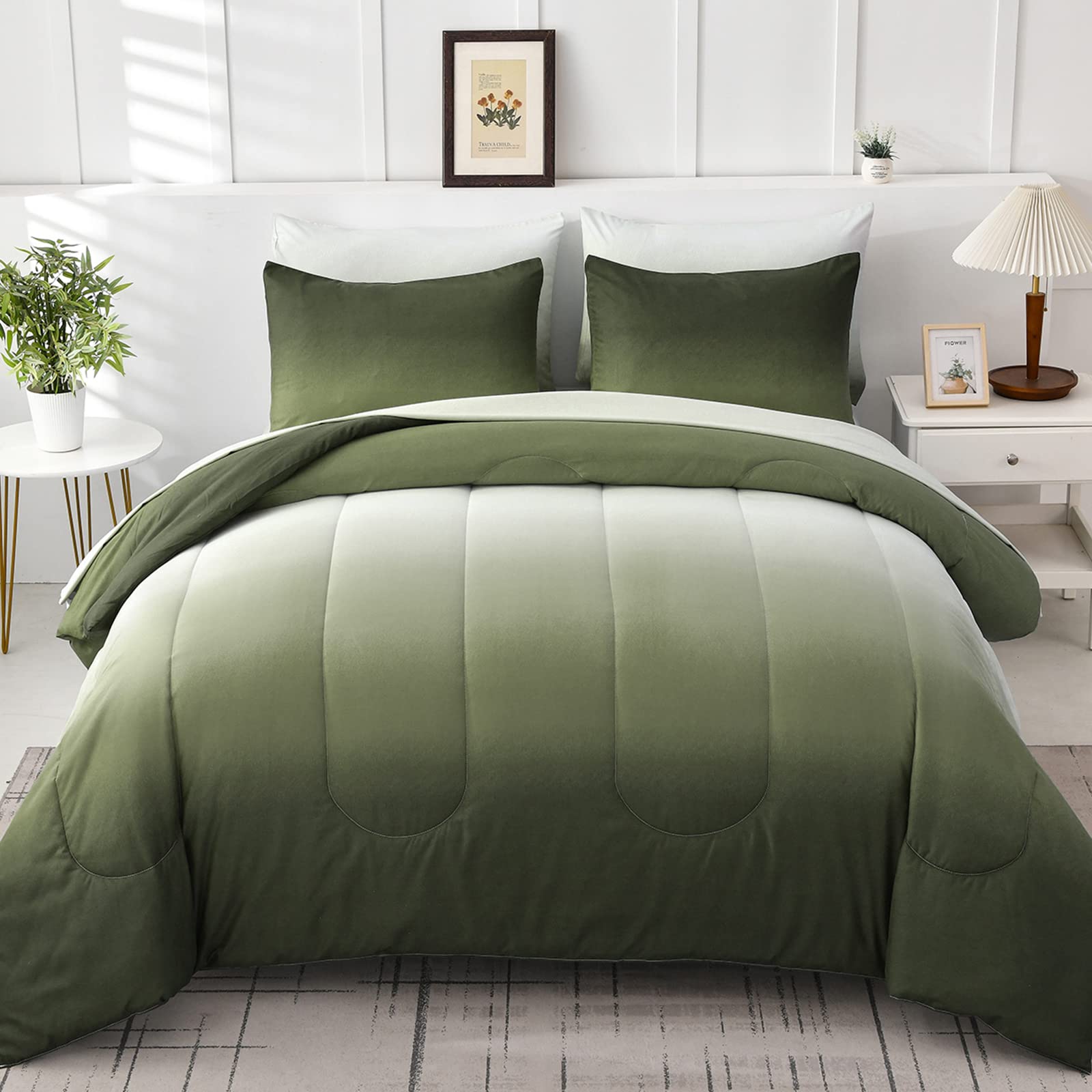 7 Pieces Olive Green King Comforter Set - Lightweight Gradient Dark Green Bed In A Bag Set, All Season Down Alternative Complete