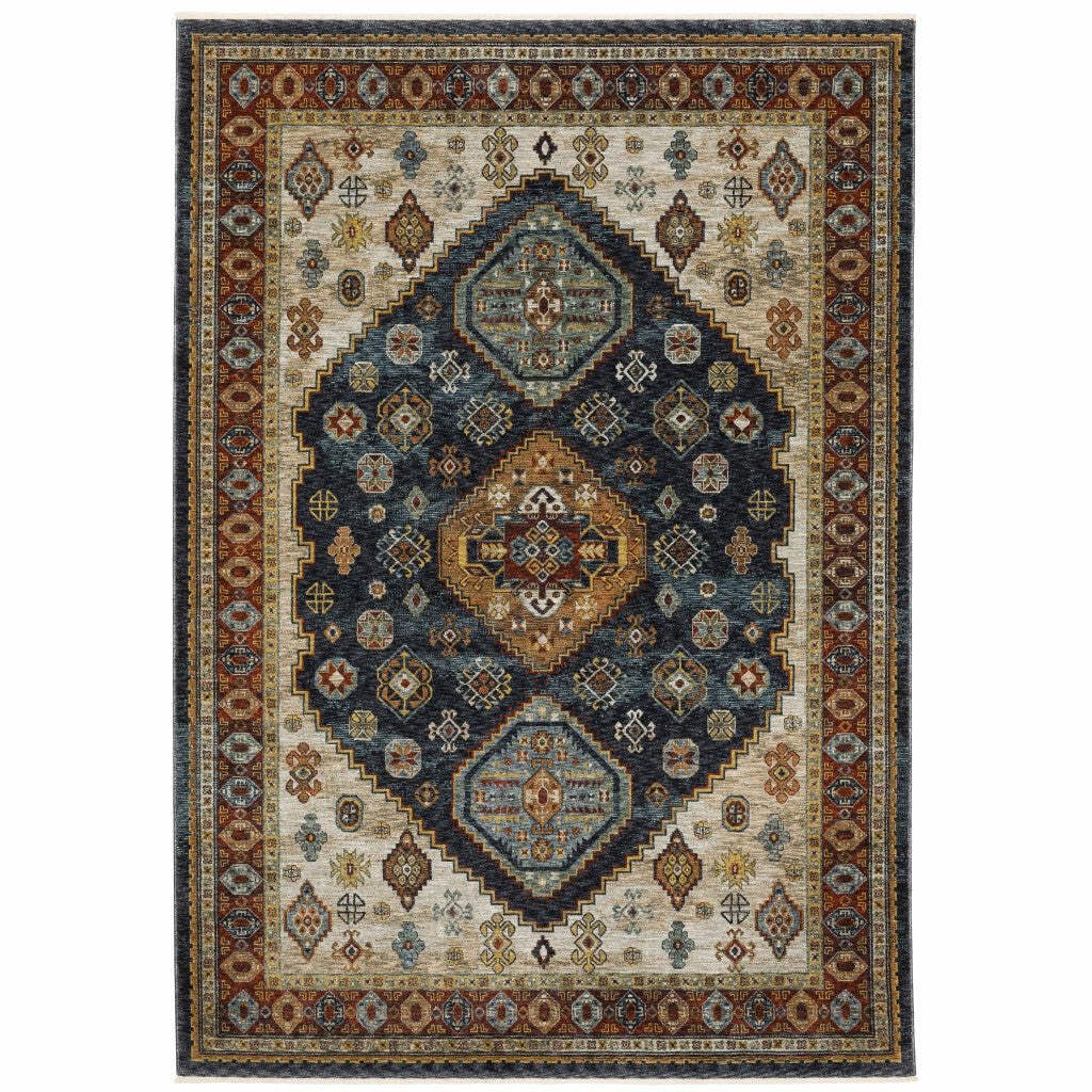 HomeRoots 508043 8 x 11 ft. Blue Red Beige Orange Gold & Tan Oriental Power Loom Stain Resistant Rectangle Area Rug with Fringe