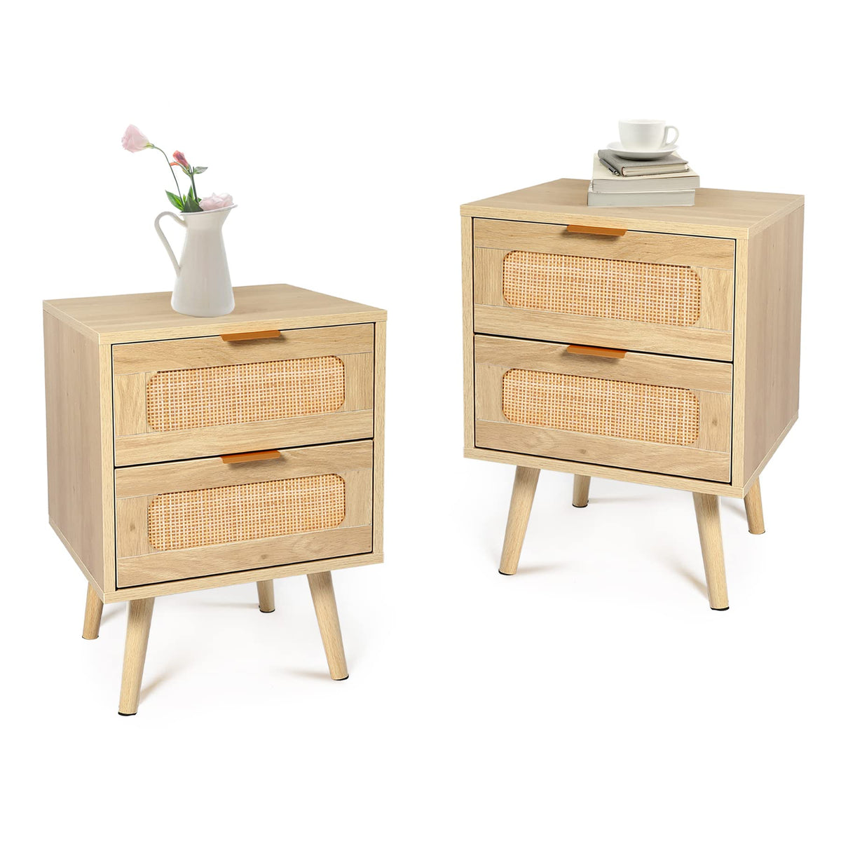 HOPUBUY Nightstands Set of 2 with Rattan Drawer, Modern Night Stand for Bedrooms, Wooden 2 Drawer Bedside Table Side Table for S