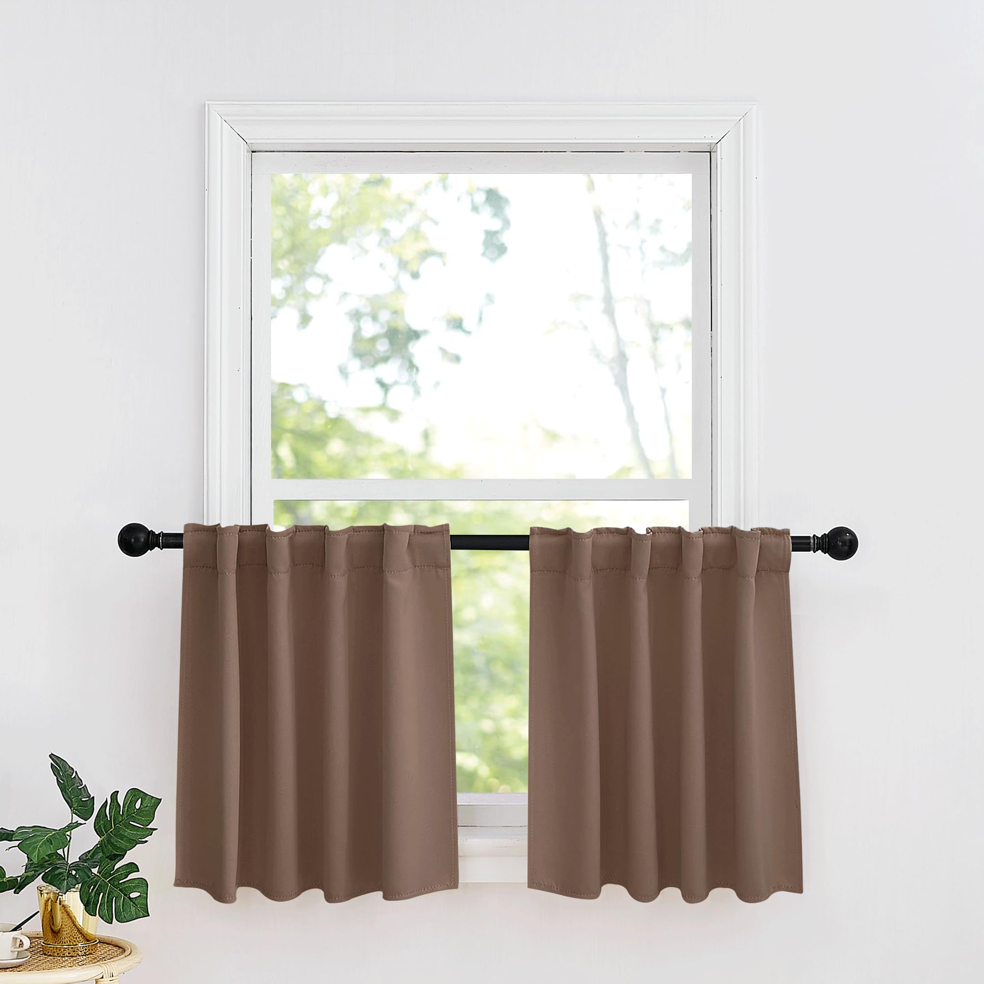 Ryb Home Small Window Curtains - Blackout Insualting Privacy Curtains For Kids Bedroom Kitchen Bathroom Basement Cafe Cabinet Tiers Curtains, 34 Width X 24 Length, 2 Panels, Mocha