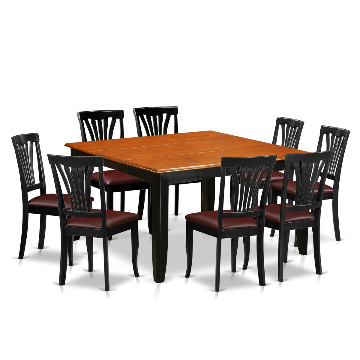 East West Furniture PFAV9-BCH-LC 9 Piece Dining Table Set Includes a Square Dinner Table with Butterfly Leaf and 8 Faux Leather Dining Room Chairs, 54x54 Inch, Black & Cherry