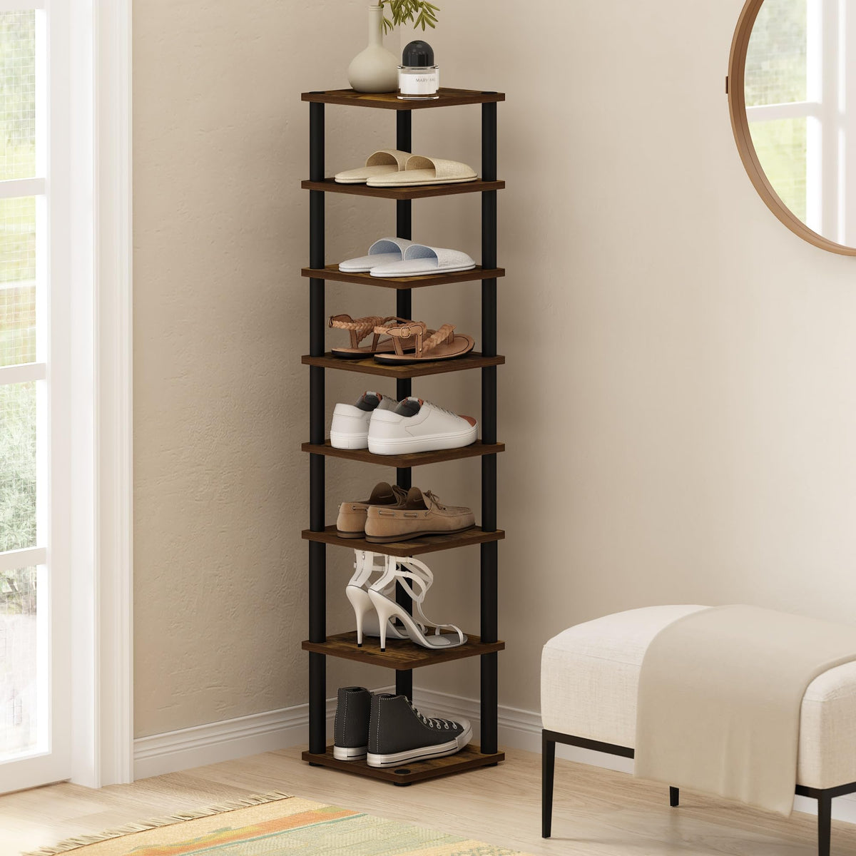 Furinno Turn-N-Tube 8-Tier Vertical Space Saving Free Standing Shoe Tower, Shoe Rack for Closet Entryway, Amber Pine/Black