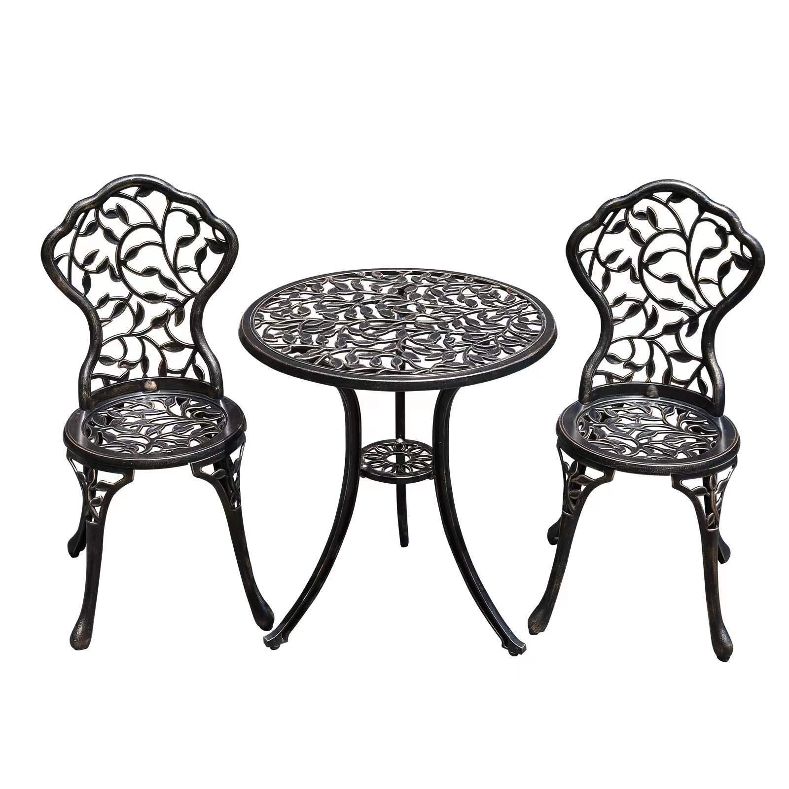 Jardin De Centennial Patio Bistro Set.Rust-Resistant Cast Aluminum Bistro Table Set With Umbrella Hole For Backyard (Leaf Designcopper)