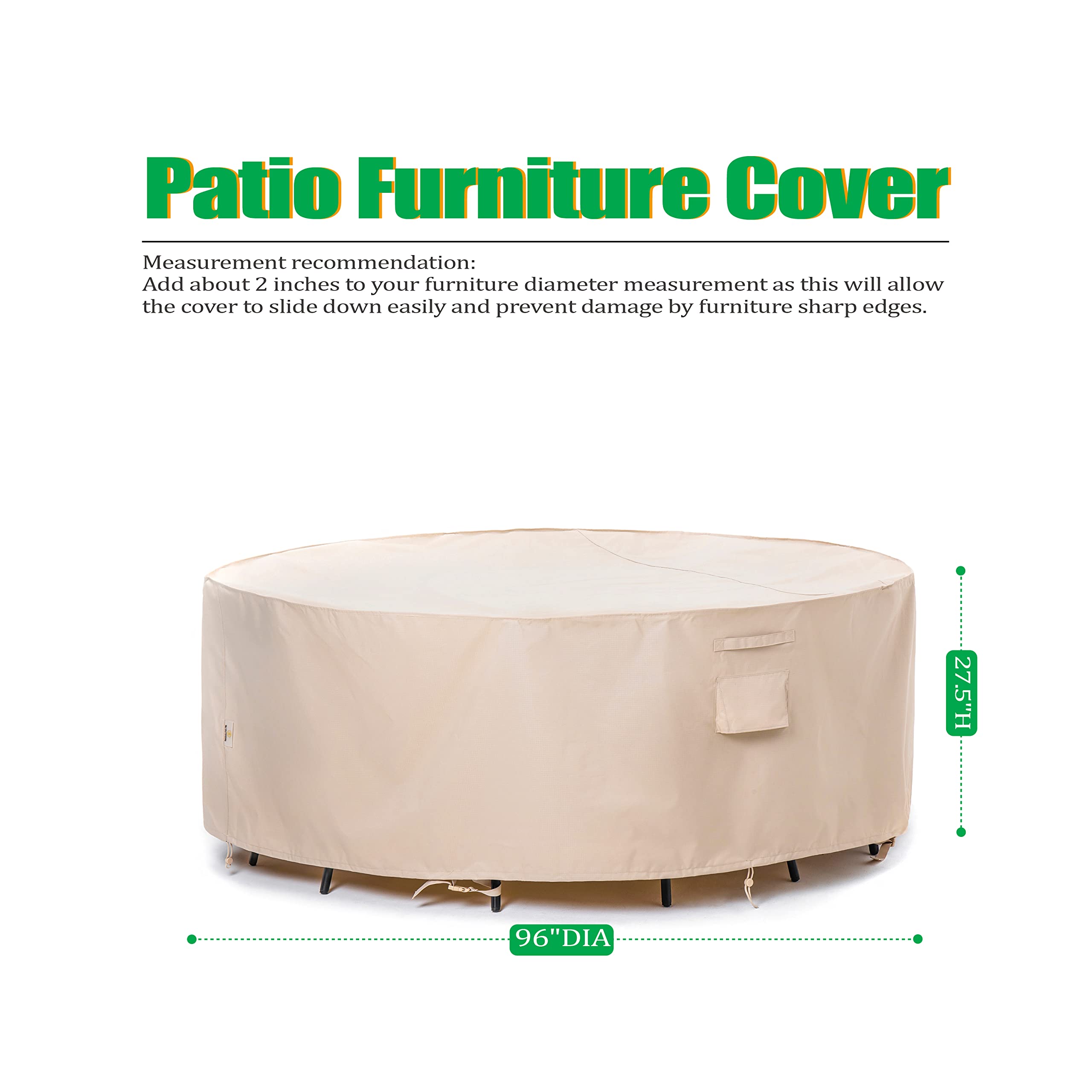 F&J Outdoors Patio Furniture Covers Waterproof Uv Resistant Rip-Stop Fabric Round Outdoor Furniture Cover, Beige, 96' Dia X 27.5' H
