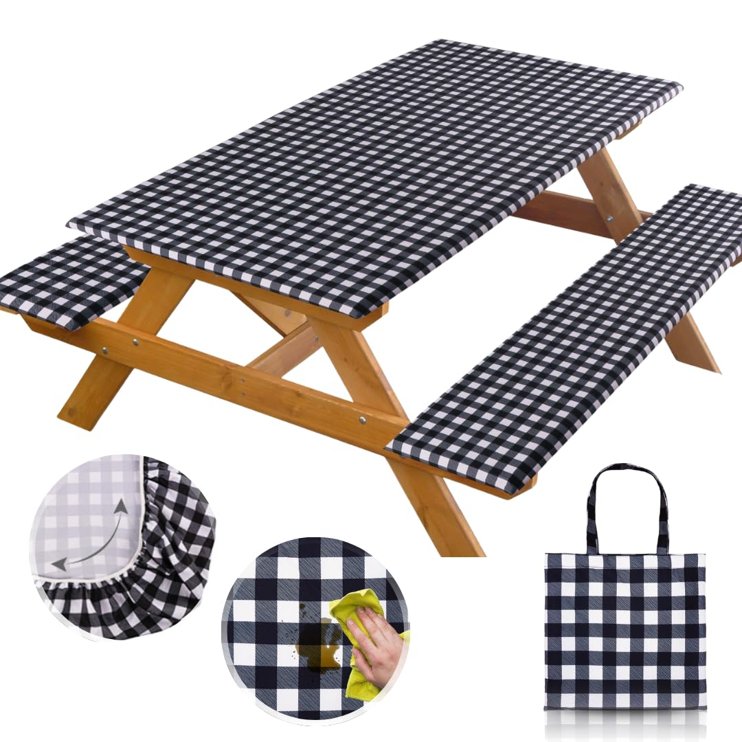 RNOONY 6ft Polyester Picnic Table Cover with Bench Covers Windproof & Waterproof Tablecloth, Perfect for Camping Gifts & RV Esse