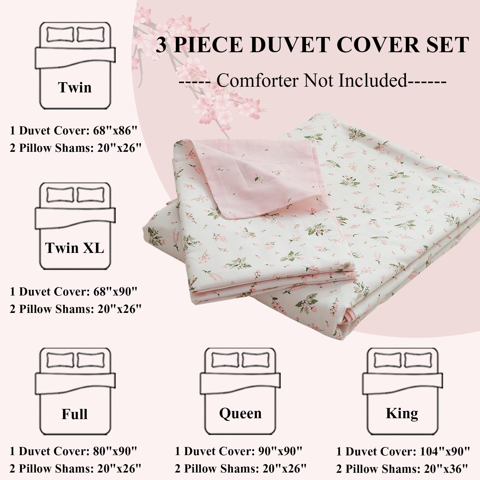 Floral Girls Duvet Cover Full Size Cotton Pink Floral Duvet Cover Chic Garden Flower Bedding Sets Lightweight Soft Aesthetic Flo