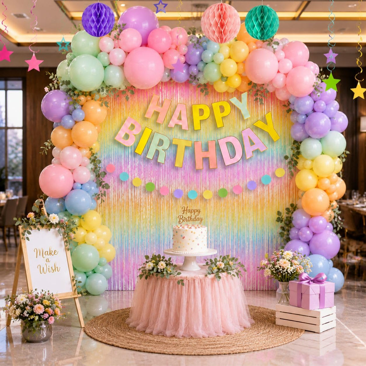 FI  FLICK IN 62 Pcs Pastel Theme Birthday Decoration Kit with Honeycomb Balls, Swrils, Star and Pastel Balloons Party Dcor