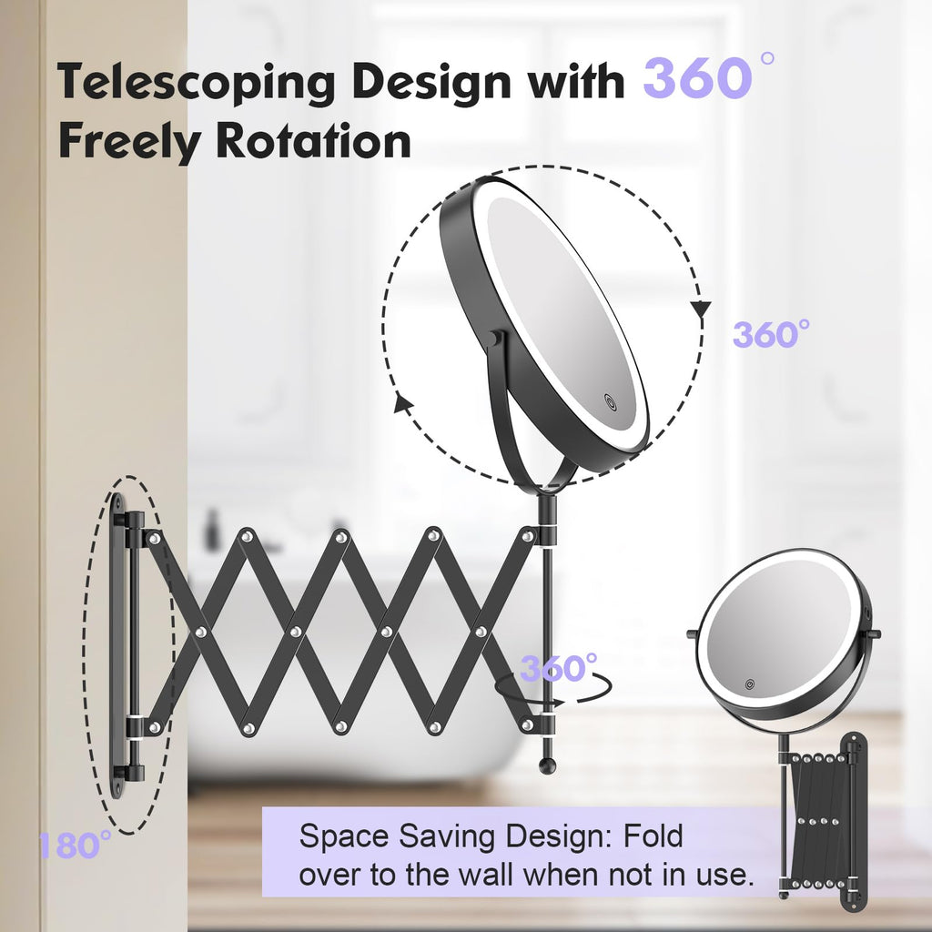 FASCINATE Rechargeable Wall Mounted Makeup Mirror - 8" Double Sided 1X/10X Magnifying, Dimmable Touch Screen, Black, Model FAS_RM381A