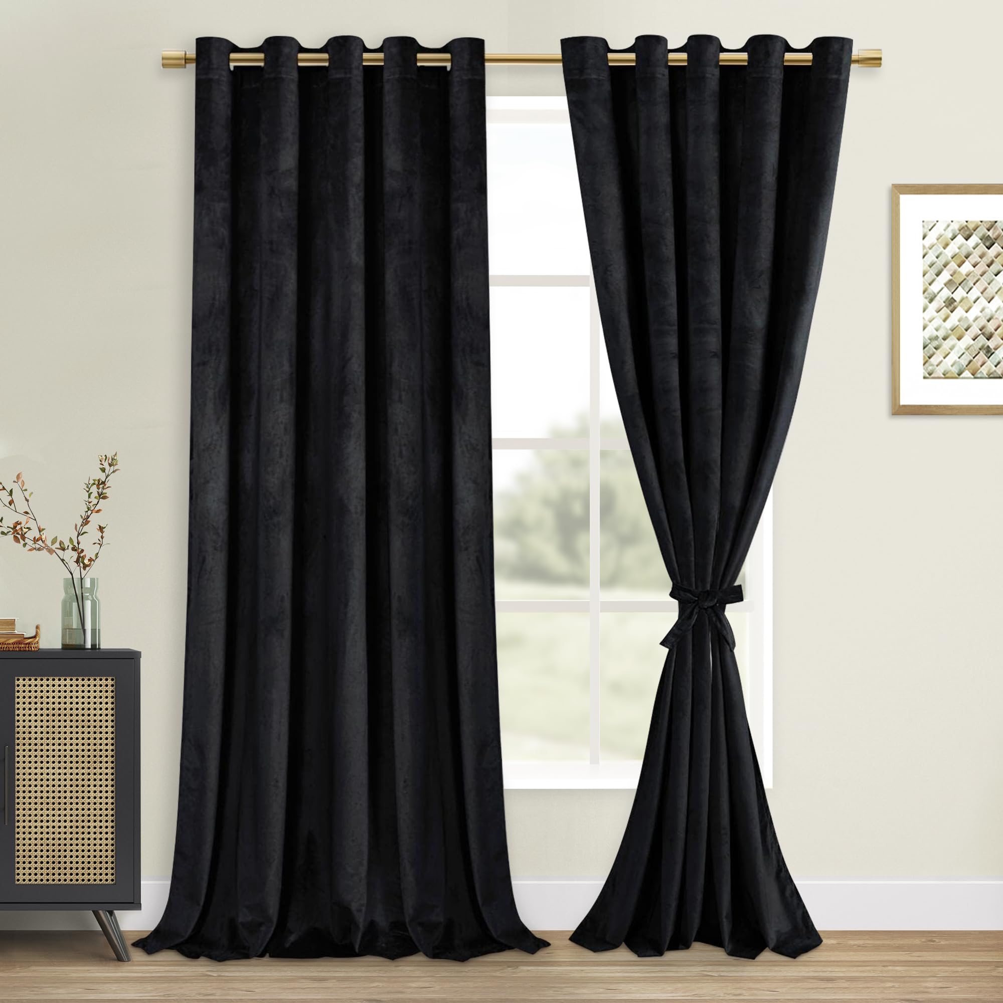 DWCN Velvet Curtains Extra Wide 84 inches - Black Blackout Bundleable Heavy Duty Thermal Insulated Energy Efficiency Grommet Win