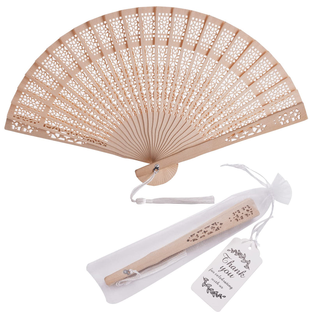 SL crafts 50 Sets Wooden Hand Fan Wooden Handheld Folding Fan Wedding Party Favors Wood Fan with Organza Bags and Thank You Tag 
