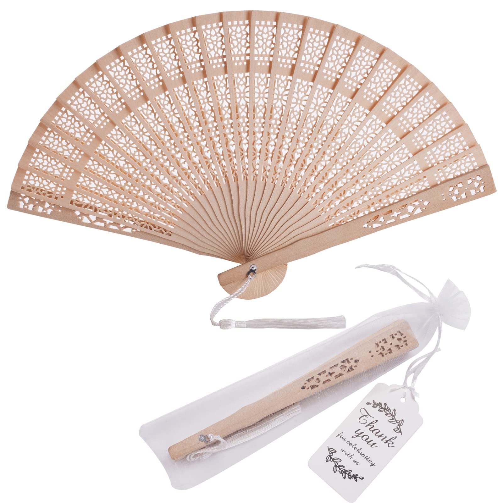 SL crafts 50 Sets Wooden Hand Fan Wooden Handheld Folding Fan Wedding Party Favors Wood Fan with Organza Bags and Thank You Tag 