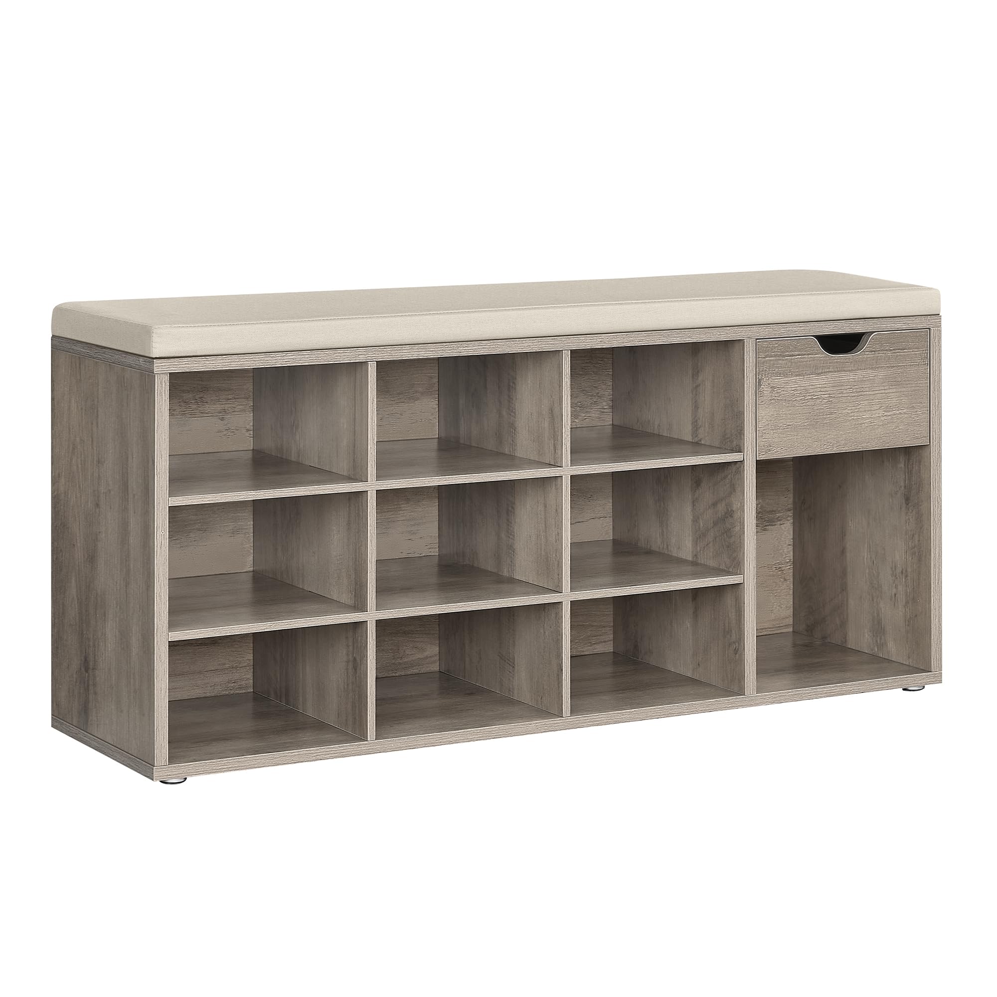 VASAGLE Storage Bench, Entryway Bench with Cushion, Drawer and Open Compartments, Bench with Storage, for Living Room, Bedroom, 