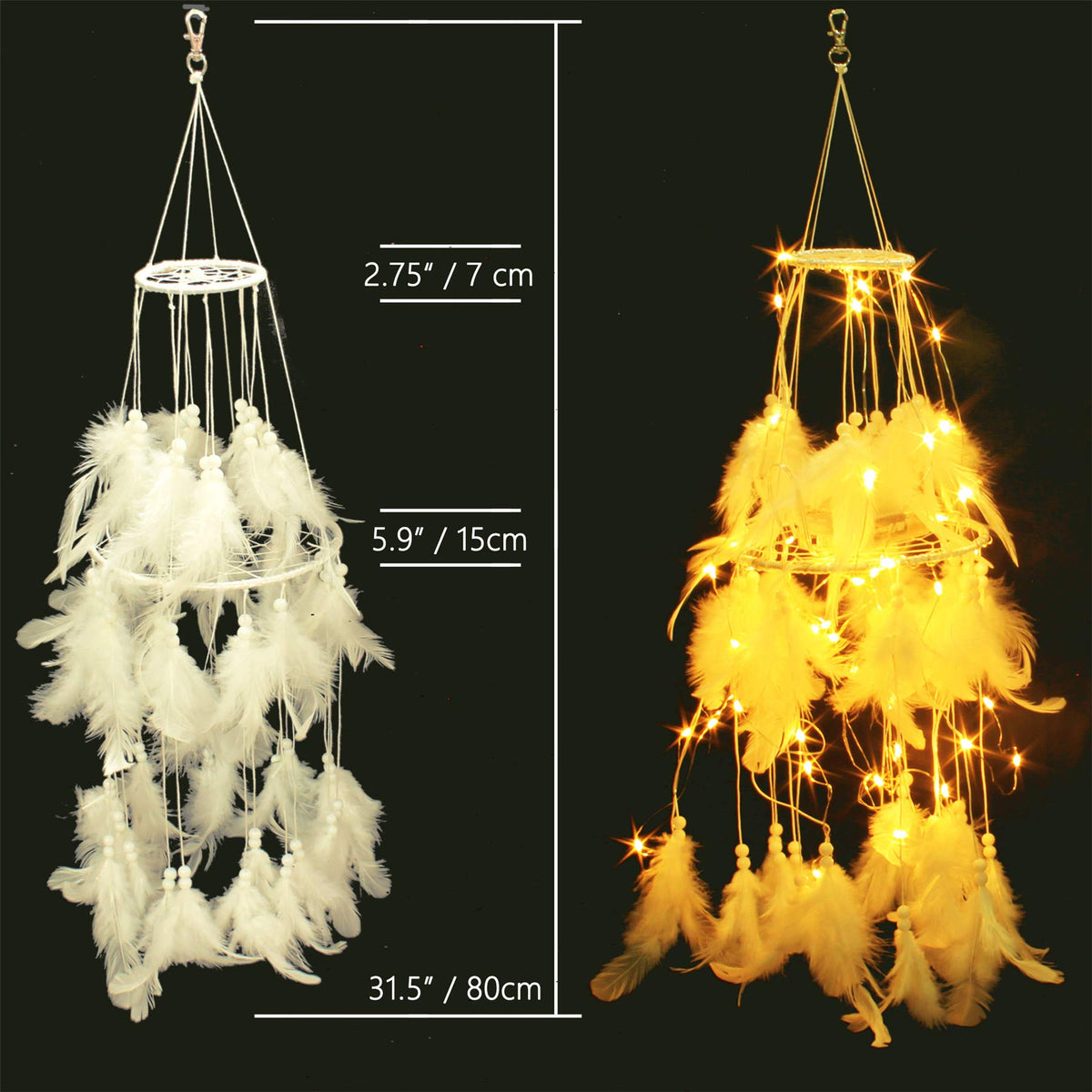 Bed Canopy With Double Circle White Feather Dream Catcher And 50 Led Fairy String Lights, Mosquito Net - Unique Style Dome Bed N