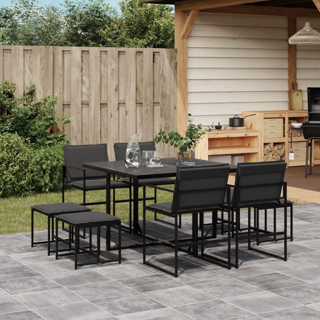 vidaXL 9-Piece Patio Dining Set with Cushions - Foldable Textilene Chairs, Storage-Friendly Garden Furniture with Glass Tabletop, Black/Dark Gray for Patio, Garden, Backyard Use