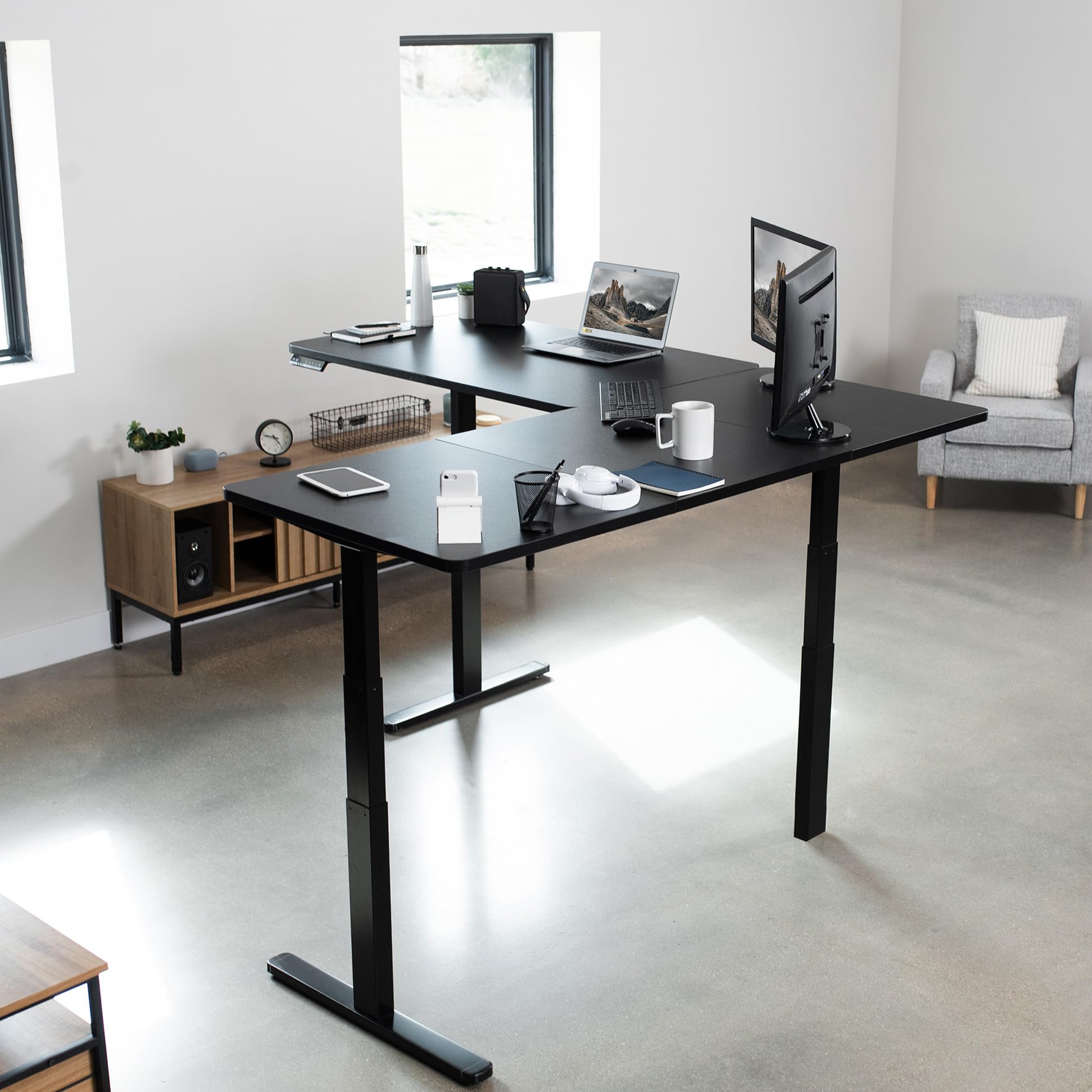 Vivo Electric Height Adjustable 77 X 71 Inch Corner Stand Up Desk, 2 Black 30 Inch Deep Table Tops, Black Frame, Memory Controller, L-Shaped Workstation, 3E Series, Desk-Kit-3E7B