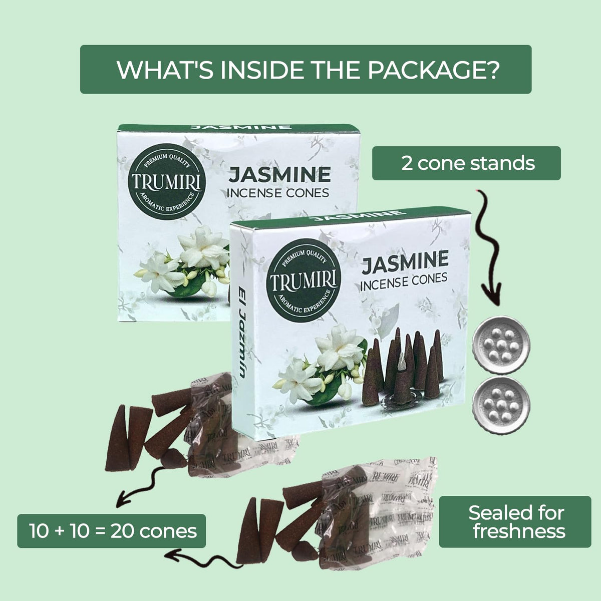 TRUMIRI Jasmine Incense Cones - Dual Pack of 20 Scented Cone Incense - Aromatic Home Fragrance - Relaxing and Calming Scents