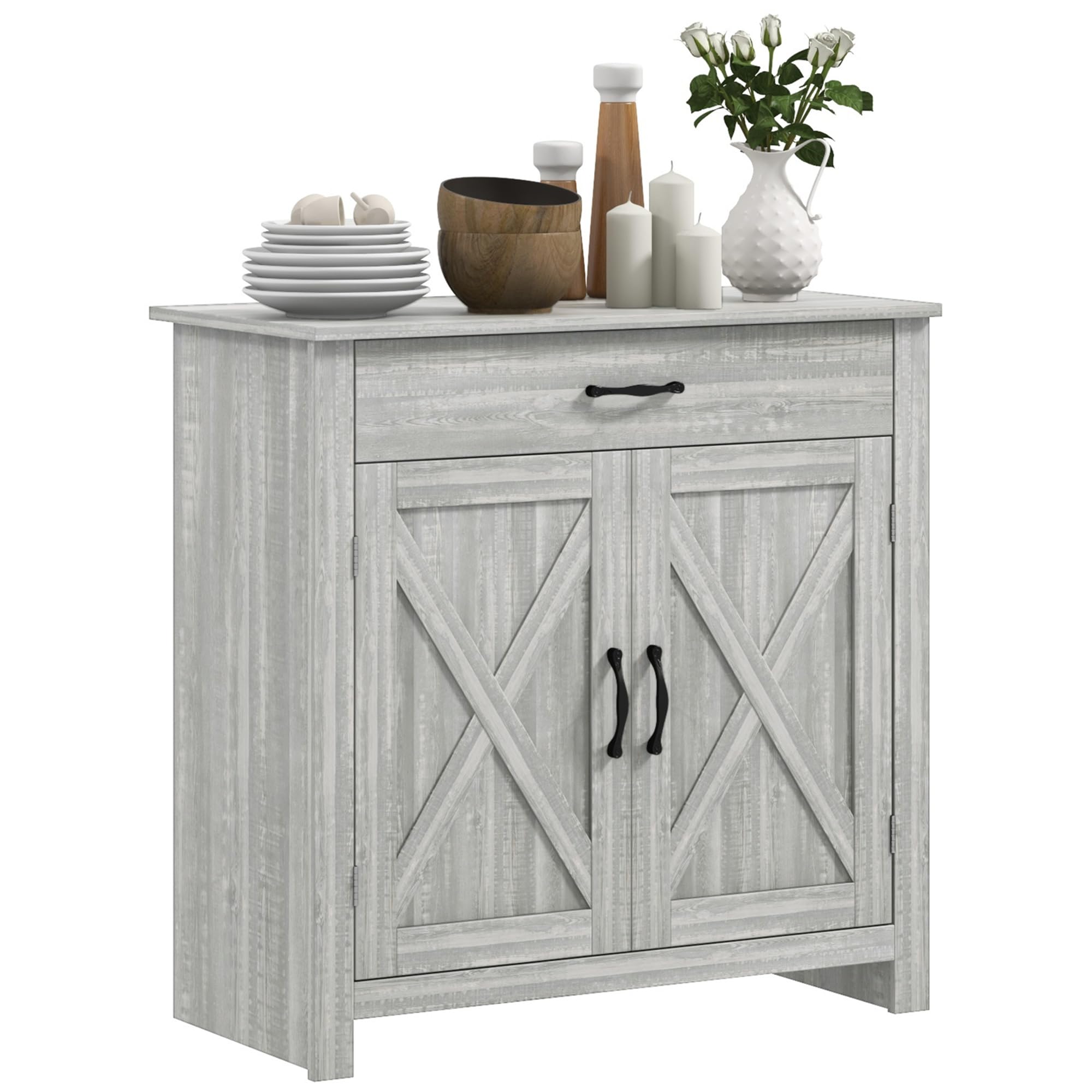 HOMCOM Farmhouse Sideboard Buffet Cabinet, Barn Door Coffee Bar Cabinet with Drawer and Adjustable Shelf, Kitchen Cabinet for Li
