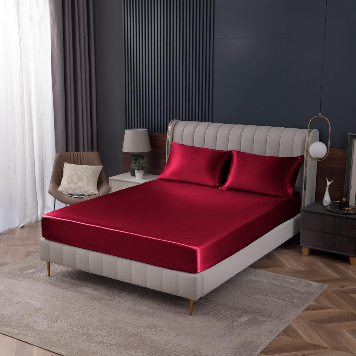 Homiest Burgundy Satin Fitted Sheet King Size Fitted Bed Sheet, Deep Pocket Fitted Sheet Only, Luxury & Ultra Soft Bedding Fitted Sheet Single Bottom Bed Sheets Sold Separately