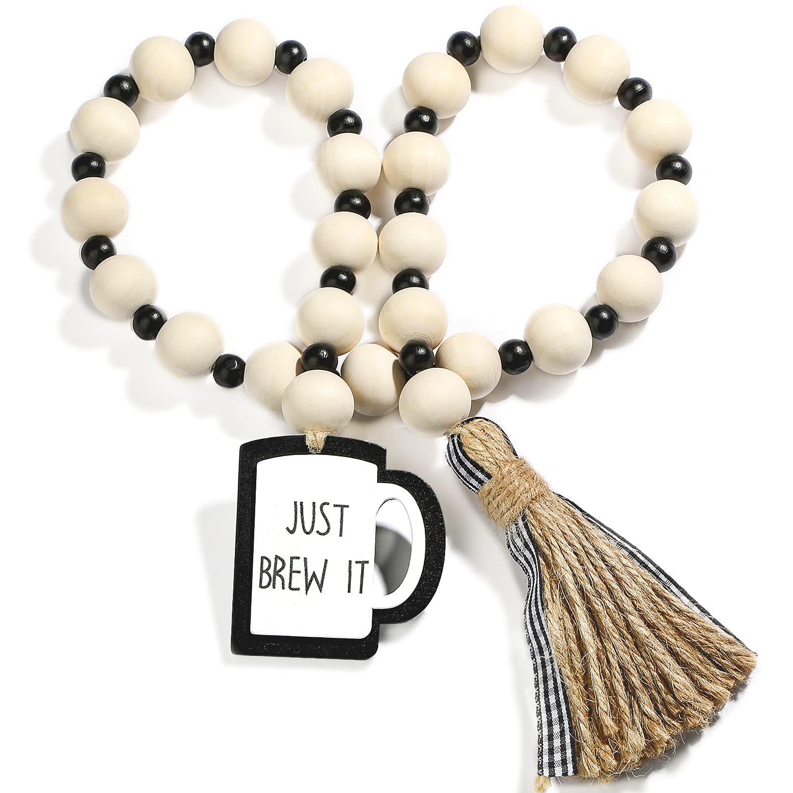Jetec Coffee Wood Bead Garland with Tassel Coffee Bar Tiered Tray Decor Rustic Farmhouse Tiered Tray Home Decor Boho Beads Garla