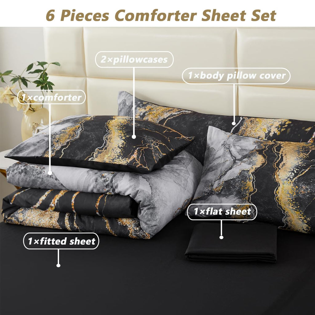 Perfemet 6 Pcs Bed In A Bag Black Watercolor Marble Printed Comforter Set For Queen Bed Burning Mountain Pattern Bedding Set Wit