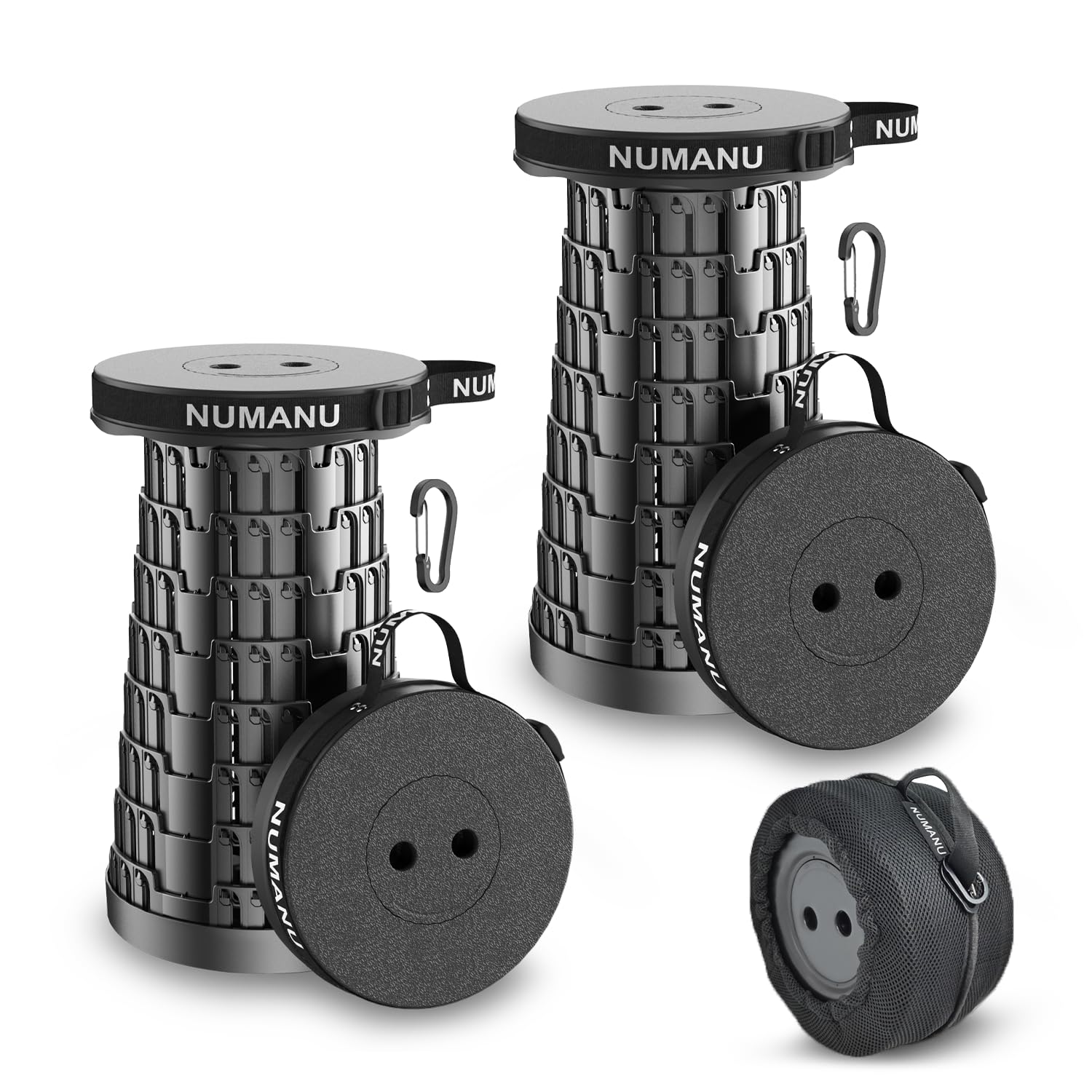 NUMANU 2-Pack 2025 Upgraded Collapsible Stool & Dual Carry Bag + Clips, Max 620lb Portable Folding Stool, Height Adjustable Retr