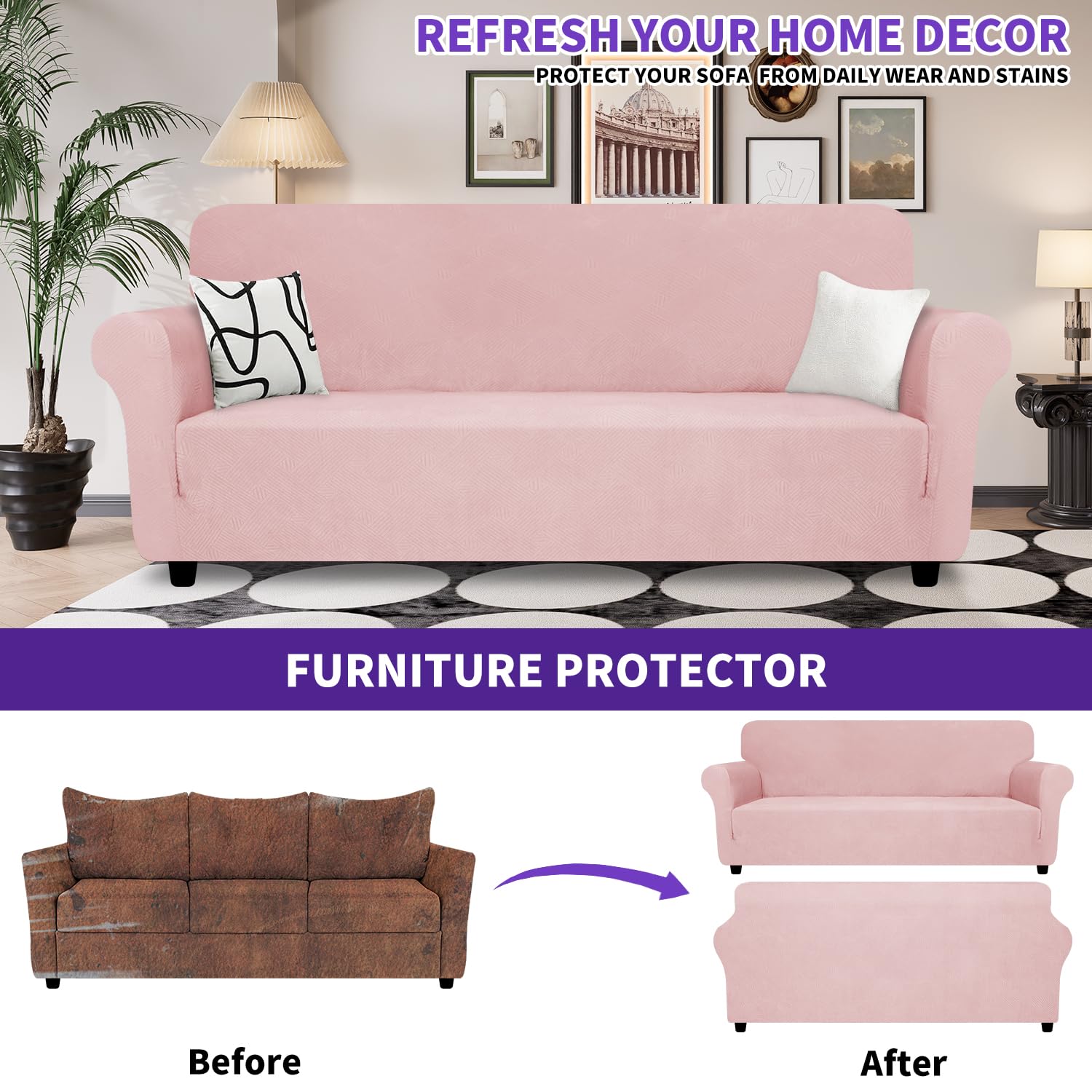 Znsayotx Oversized Super Stretch Couch Cover (91'-110'), New Striped Sofa Covers Comfortable & Durable, Dog Cat Pets Friendly Extra Large Spandex Sofa Slipcovers (Chintz Rose, Xl Sofa)