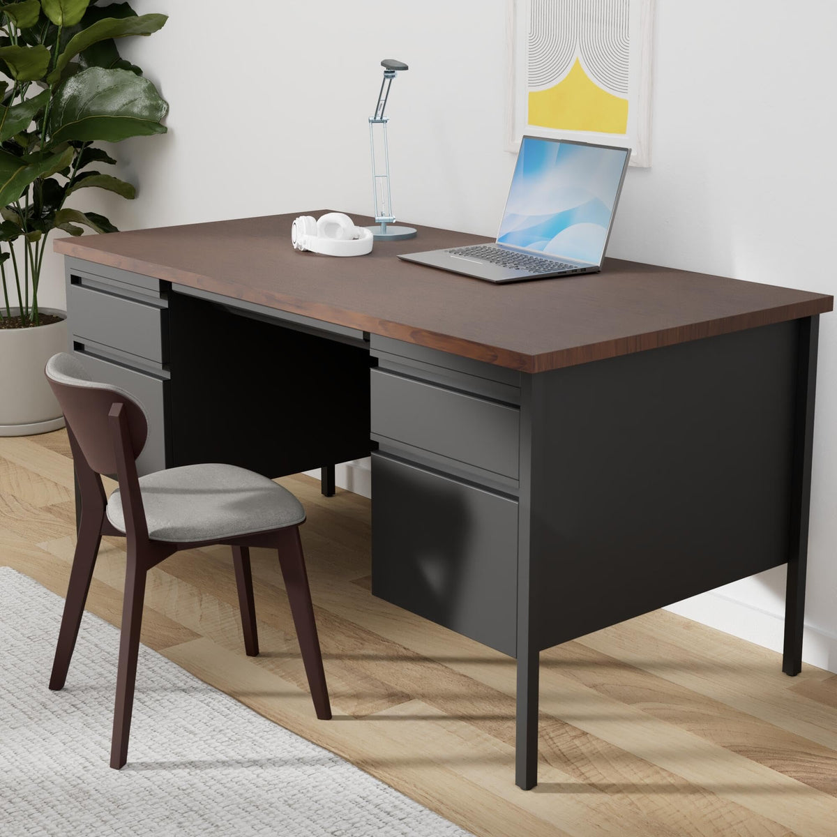 Lorell Fortress Series Double Pedestal Desk, 60" x 30" x 29.5", Black Steel Frame with Walnut Top