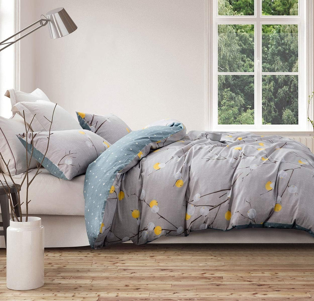 Sleepbella Comforter Twin Size, 600 Thread Count Cotton Grey Branch With Yellow Turquoise Polka Dot Pattern Green Reversible Com