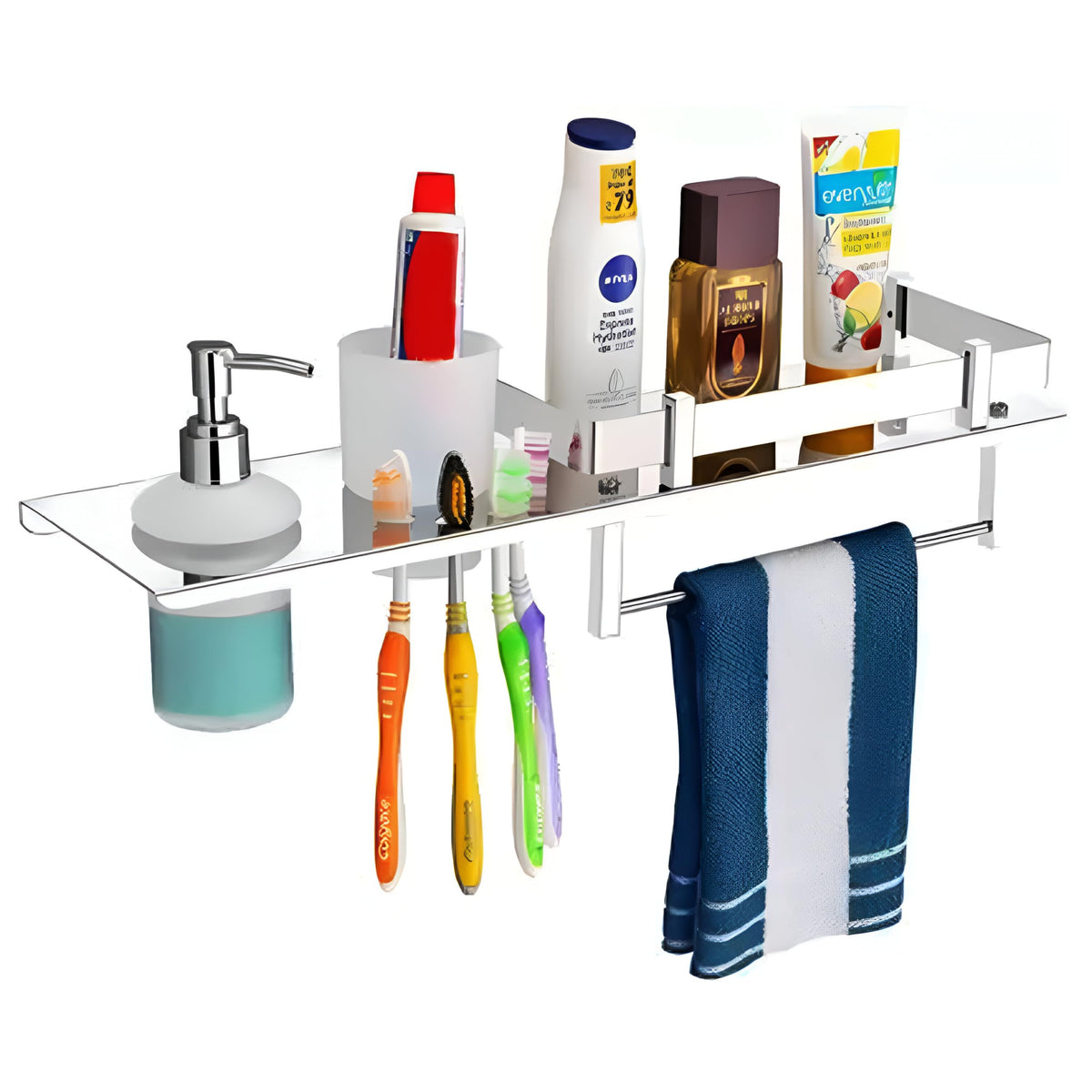 Pivalo 4in1 304 Grade Stainless Steel Towel Rack Wall Mounted Napkin Holder Multipurpose Hanger Storage with Liquid Soap Dispe