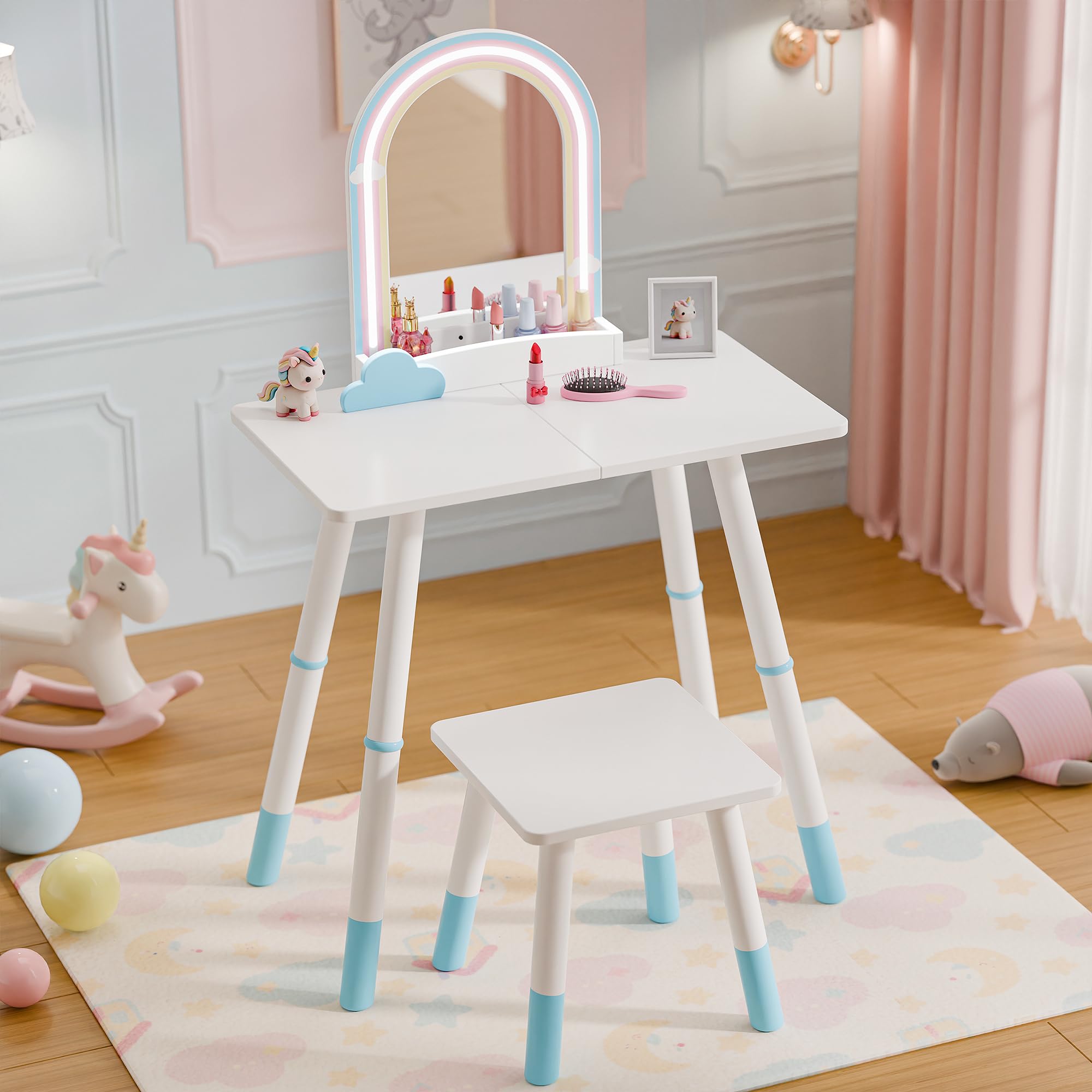TOLEAD Kids Vanity Table and Chair Set, Kids Vanity with Lights, Princess Makeup Vanity Desk, Girls Vanity Set with Stool, Toddl
