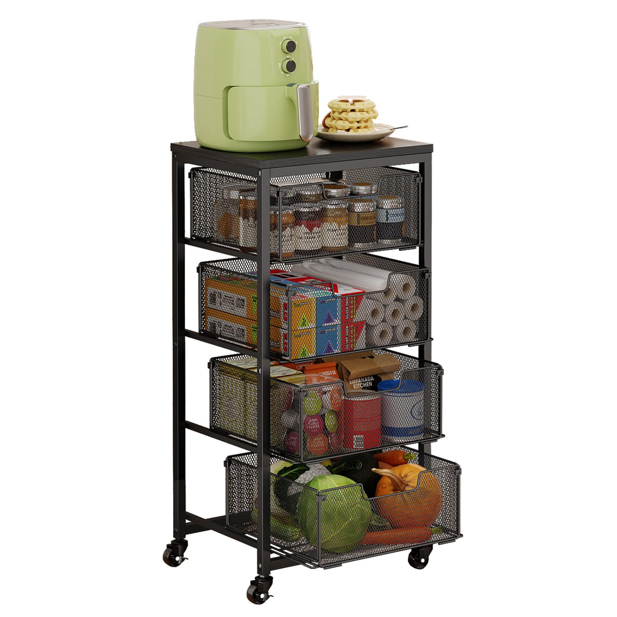 4Tier Fruit Vegetable Storage Cart  Kitchen Organizer and Storage Cart with Wheels, Wooden Top Metal Wire Fruit Vegetable Rack