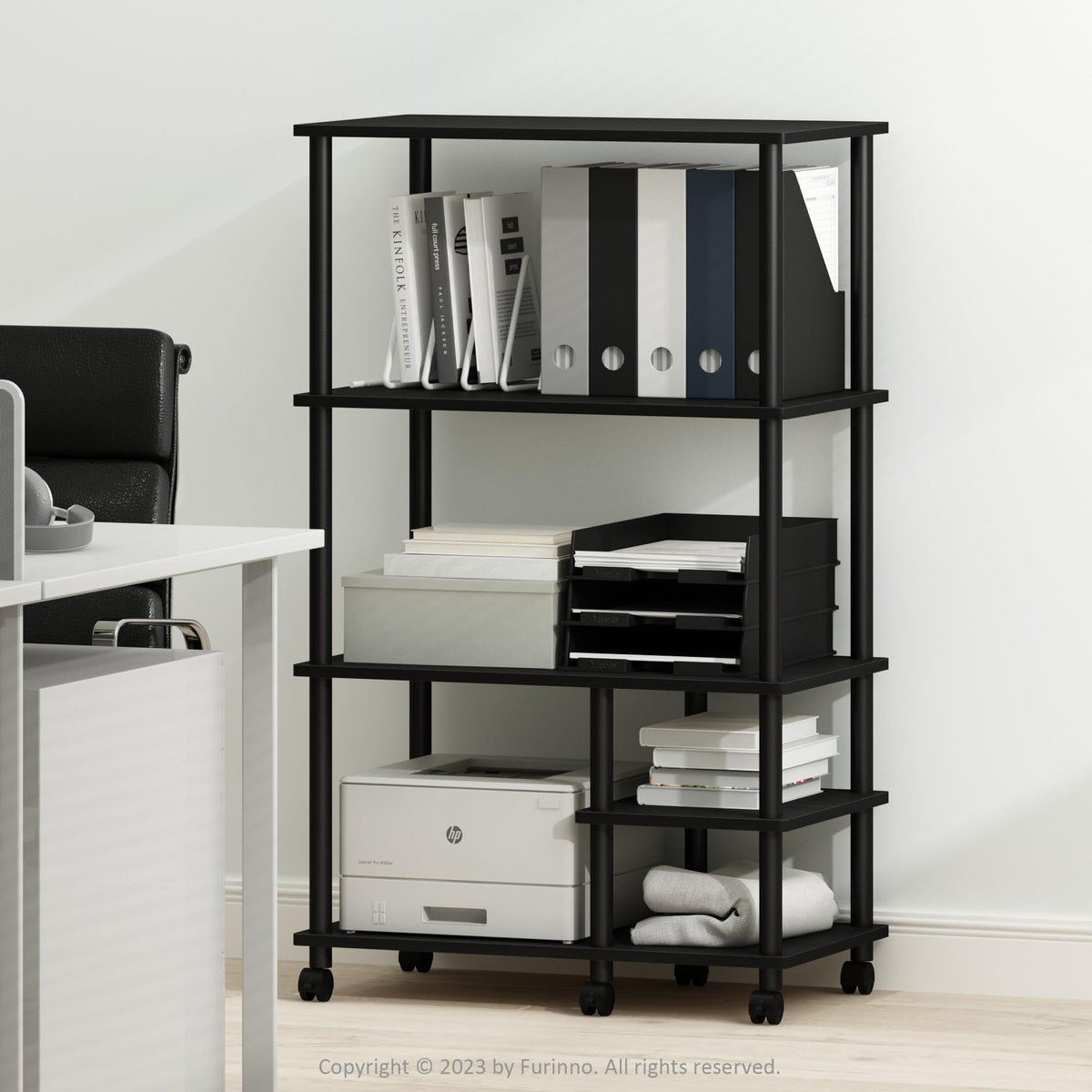 Furinno Turn-N-Tube 4-Tier Toolless Multipurpose Printer Stand Display Storage Shelf With Wheels, Americano/Black