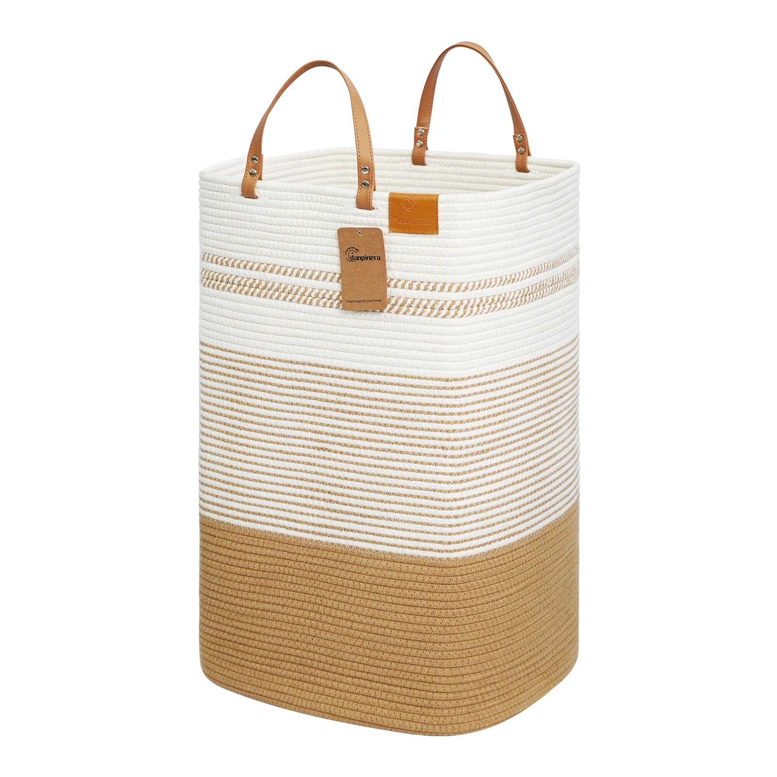 danpinera Large Laundry Hamper - 75L Tall Woven Cotton Storage Basket with Leather Handles, Slim Dirty Clothes Hamper, Decorativ