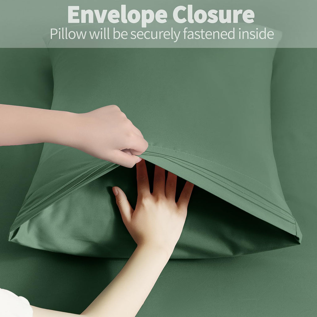 Horbaunal 2 Pack Microfiber Pillowcases King Size Green Bed Pillow Cases With Envelope Closure, 1800 Thread Count Soft & Shrinka