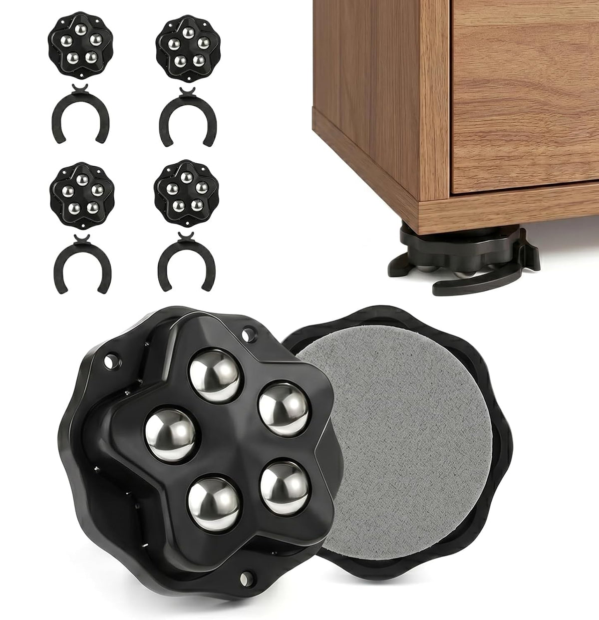 ACHARAJ Self Adhesive Caster Wheels Stainless Steel 360 Swivel Low Profile Rollers with Brake Pads for Furniture, Kitchen, Stora
