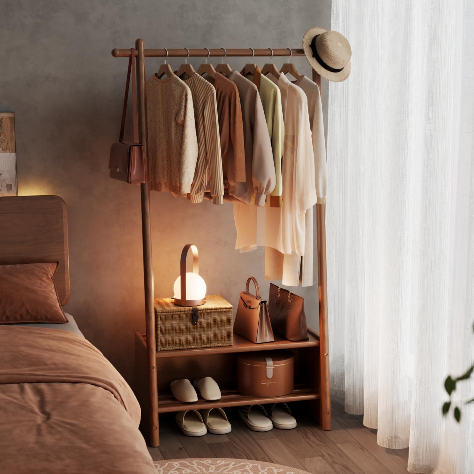 DONGMUWUJEE Solid Wood Clothing Rack with Shelves, Clothes Racks for Hanging Clothes, Hanging Rack with Shoe Storage, Heavy Duty