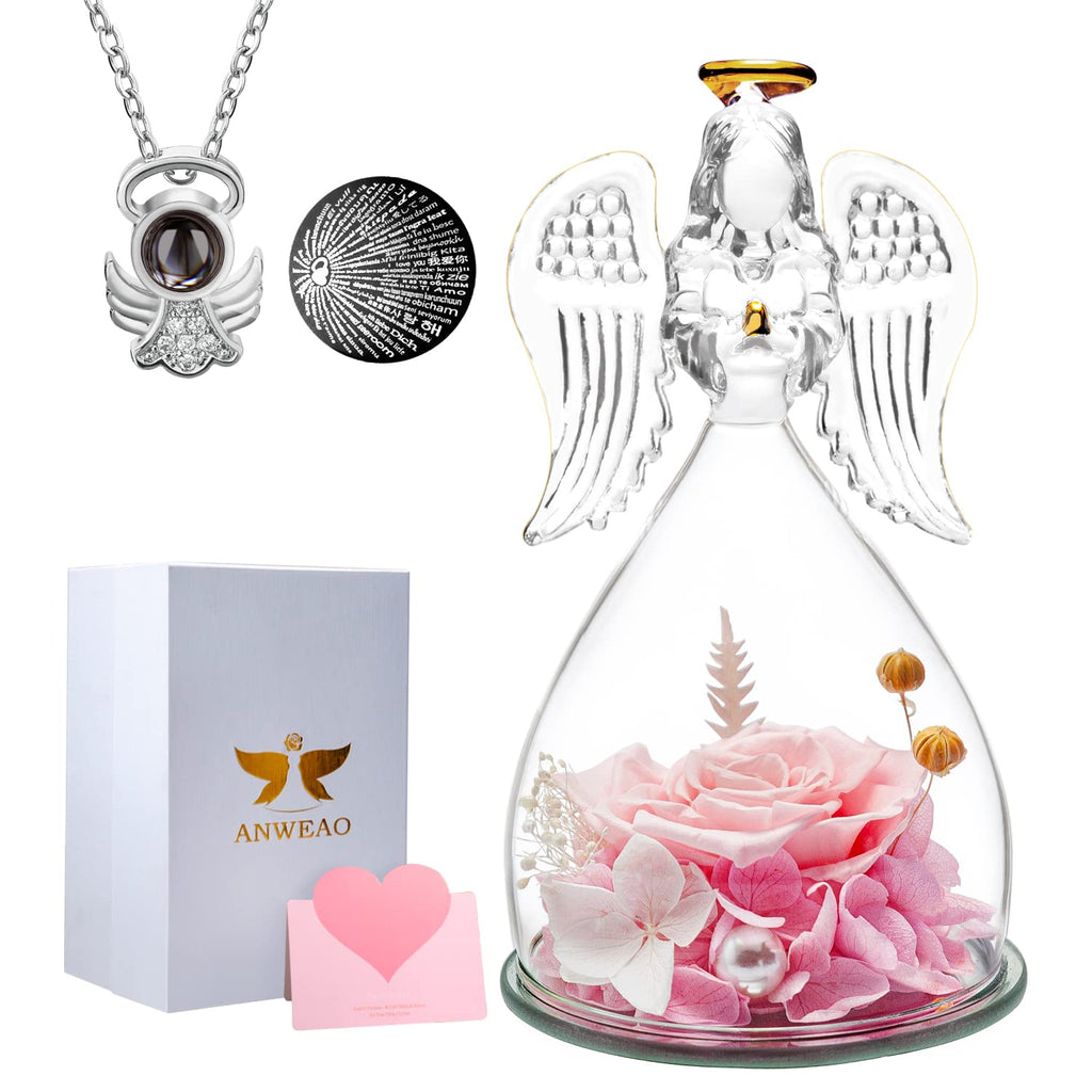 Mothers Day Birthday Gifts For Women, Mom Gifts,Preserved Real Rose With Angel I Love You Necklace Romantic Gifts For Her, Etern