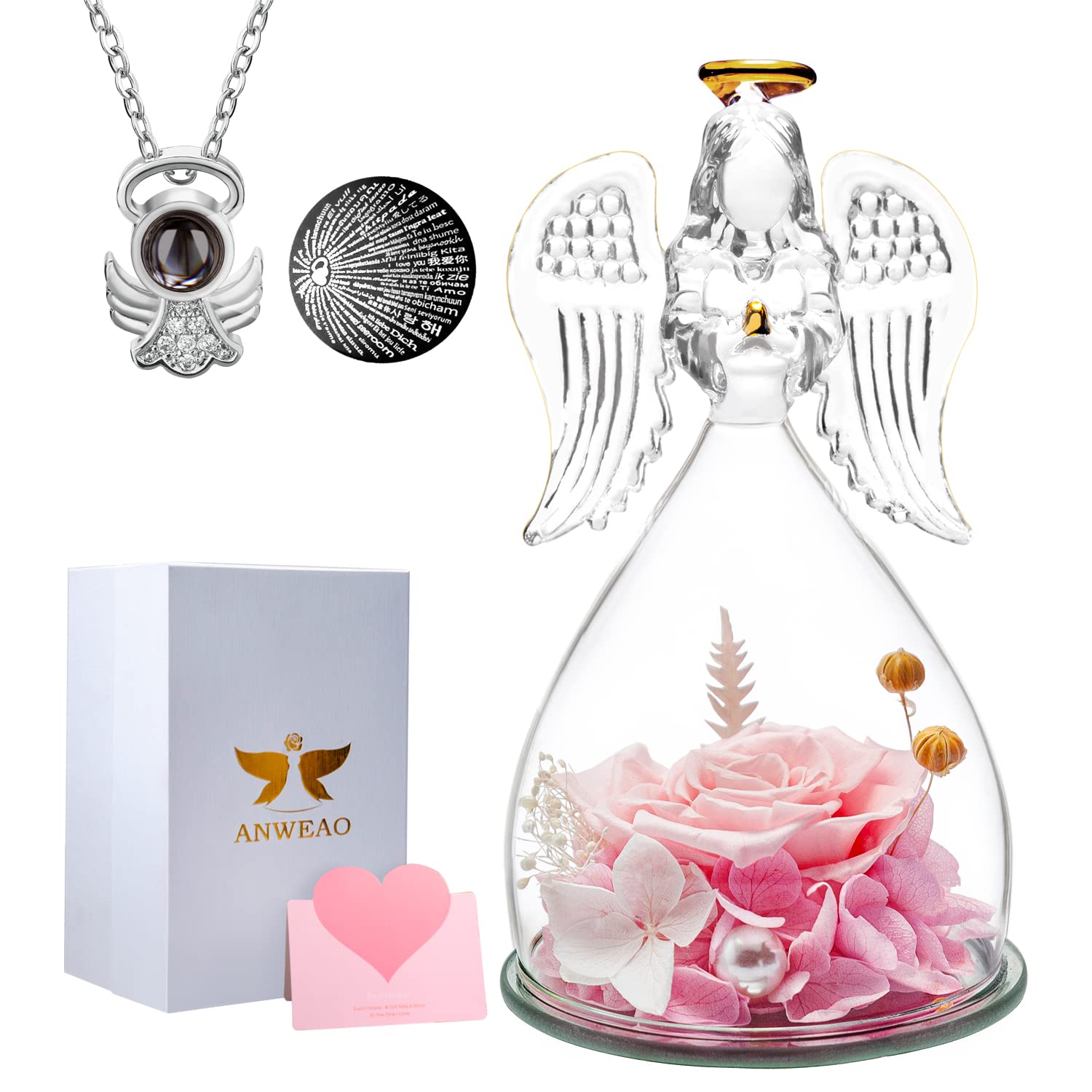 Mothers Day Birthday Gifts For Women, Mom Gifts,Preserved Real Rose With Angel I Love You Necklace Romantic Gifts For Her, Etern