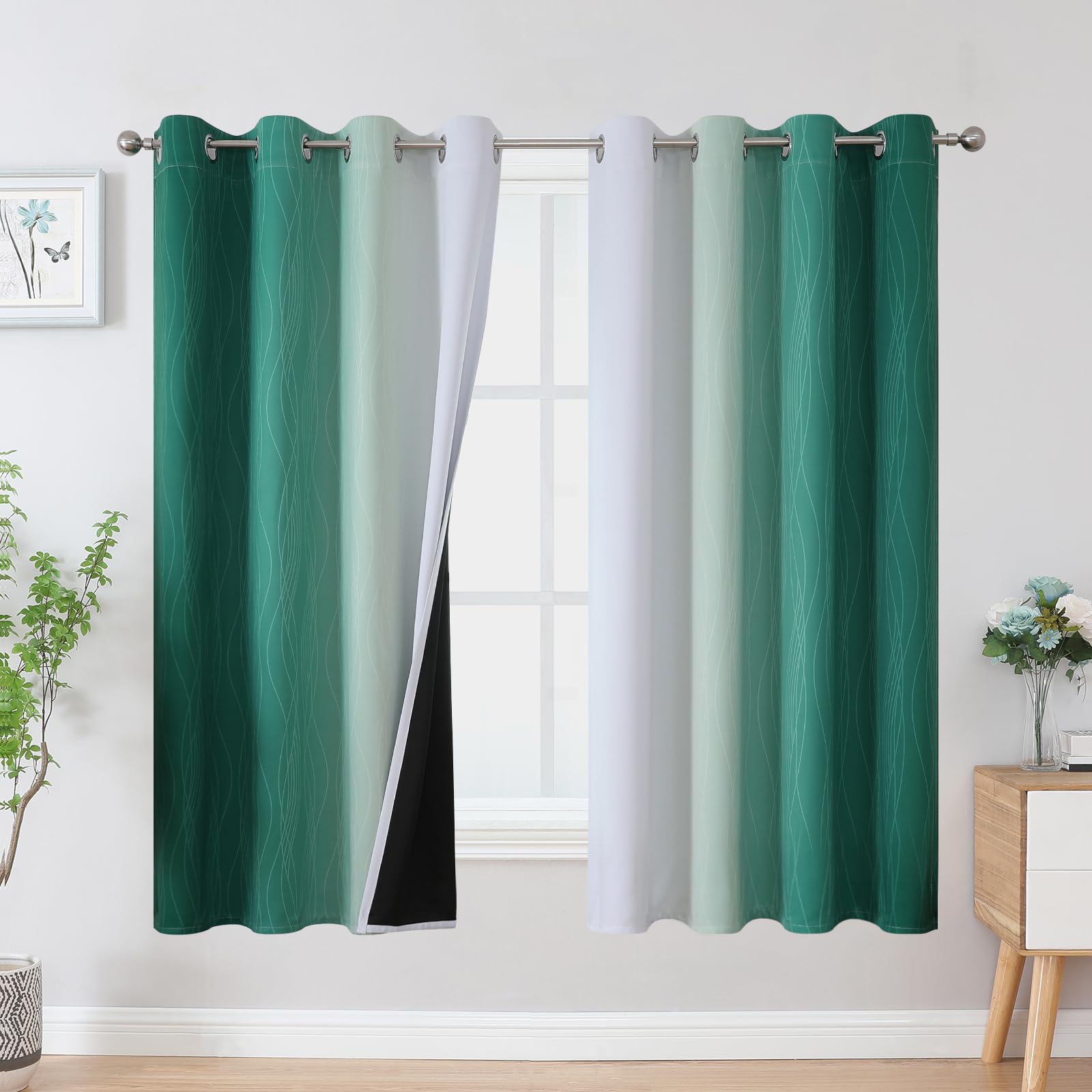 Estelar Textiler Green And Greyish White Blackout Curtains For Kids Room, Full Room Darkening Grommet Ombre Curtains For Bedroom