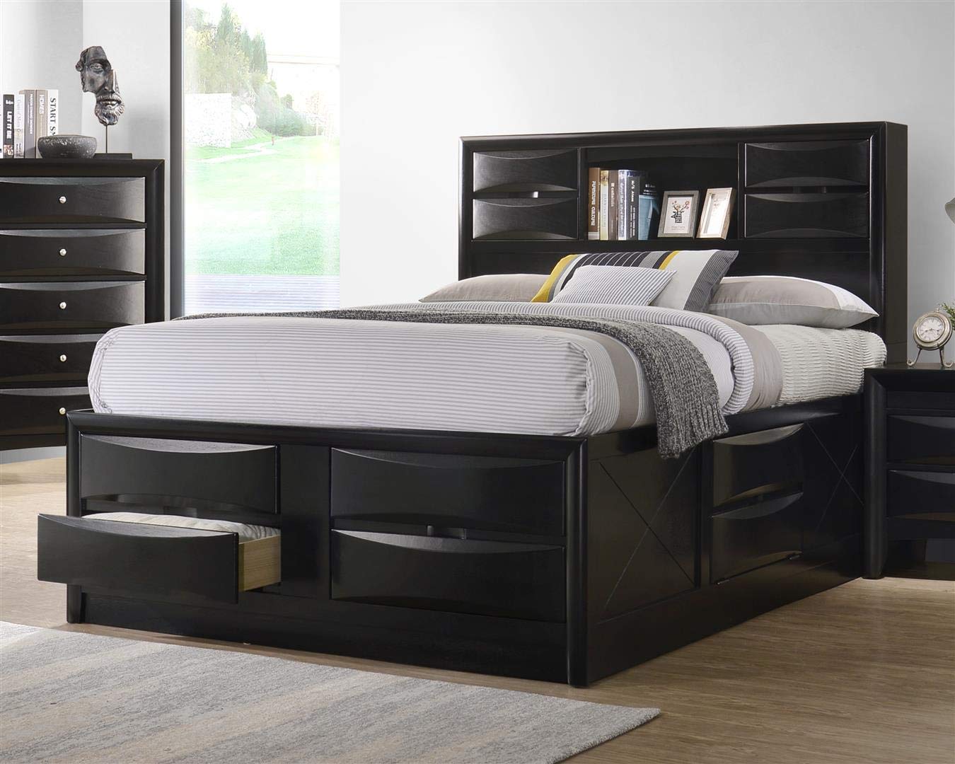 Coaster Home Furnishings Briana Transitional Wood Queen Size Storage Bookcase Bed Frame Platform Bed 56-Inch Headboard Black 202701Q