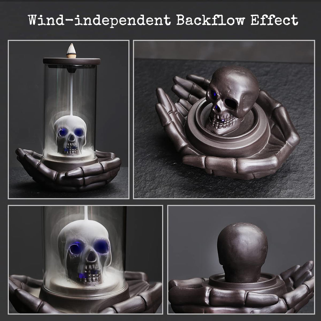 Haiswonsa Skull Incense Burner Holder - Backflow Waterfall , Led Ceramic Unique Skeleton Incense Burner With 15 Incense Cones Fo
