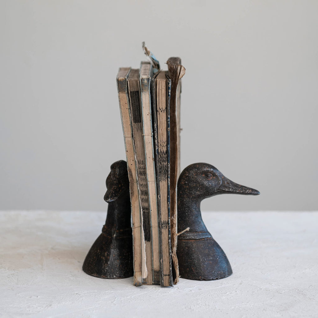 Creative Co-Op Decorative Distressed Cast Metal Duck Head Bookends, Black, Set of 2, Model DF7795