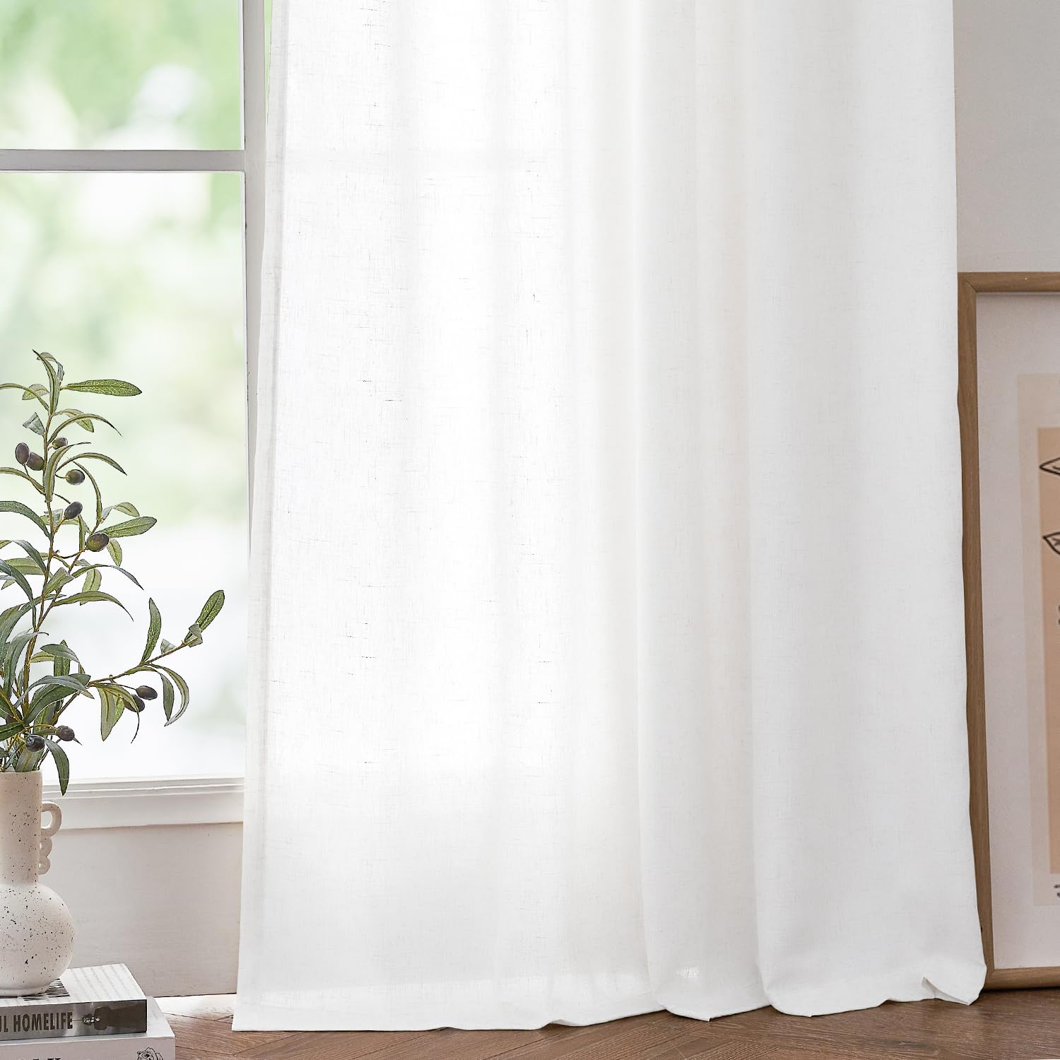 Jinchan Linen Blend White Curtains 63 Inches Length For Living Room Farmhouse Rod Pocket Back Tab Light Filtering Window Drapes For Bedroom Curtains Off White 2 Panels