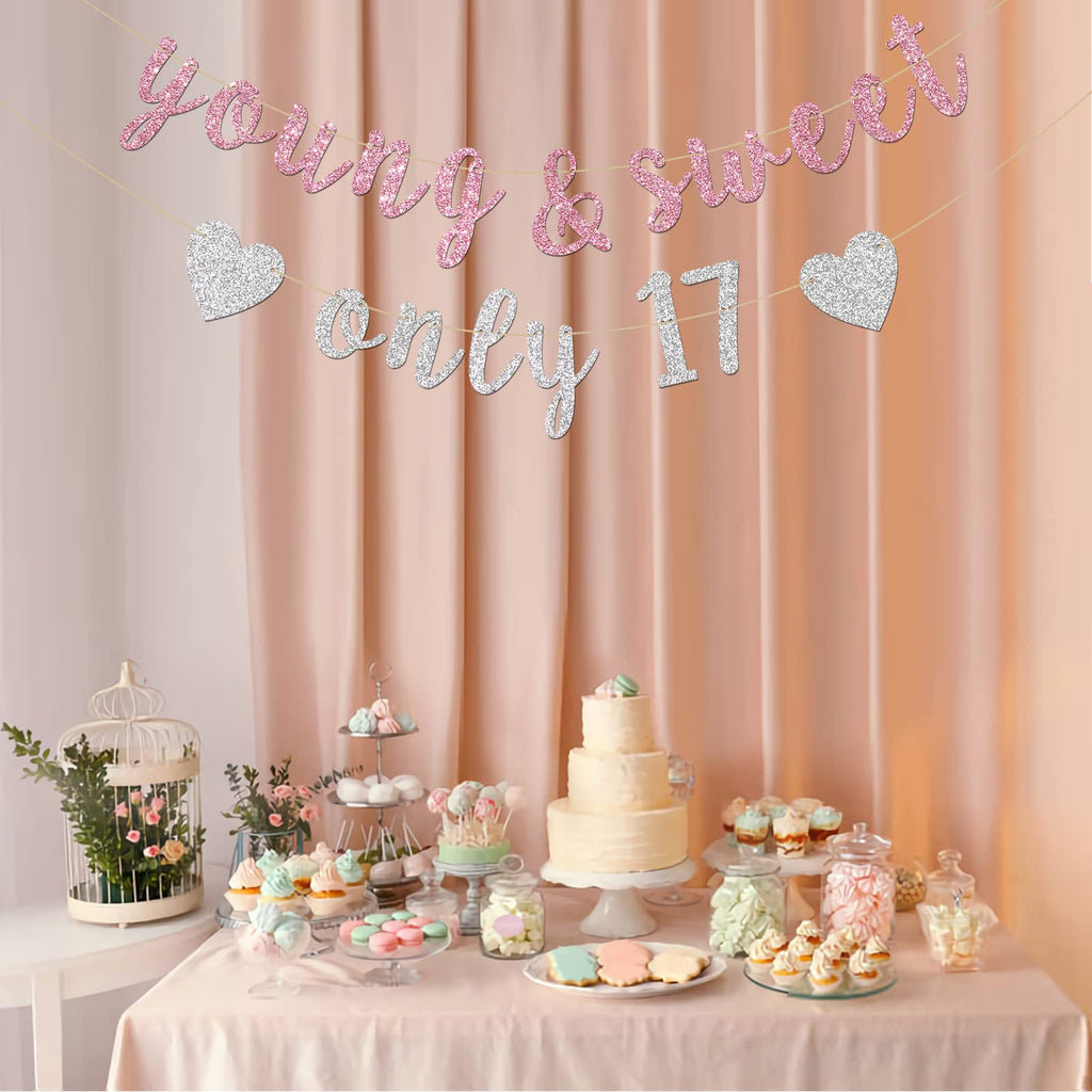 Innoru Young & Sweet Only 17 Banner - Happy 17Th Birthday Party Decor For Girls - Cheers To 17 Years Party Decorations Supplies,