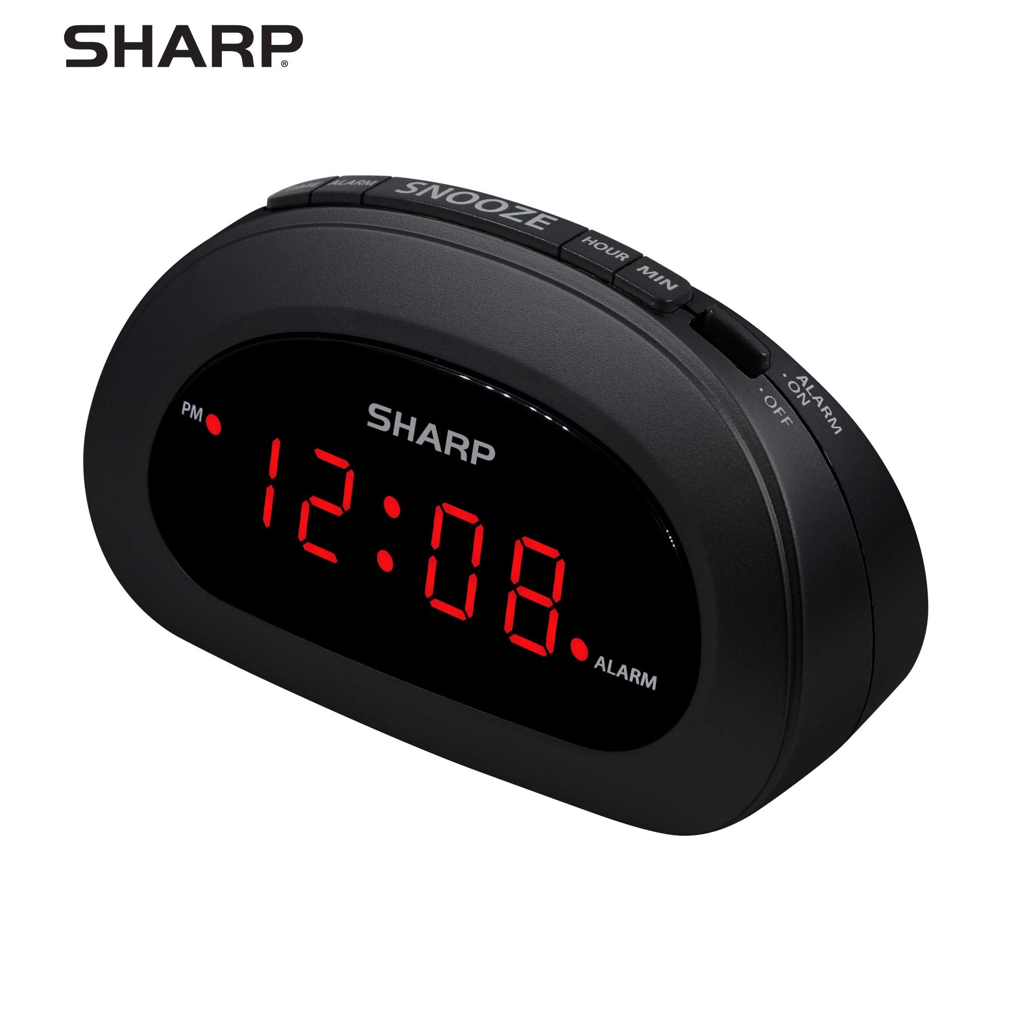 Sharp SPC089A Digital Alarm Clock Black Plastic Compact Bedside Clock with Red LED Display