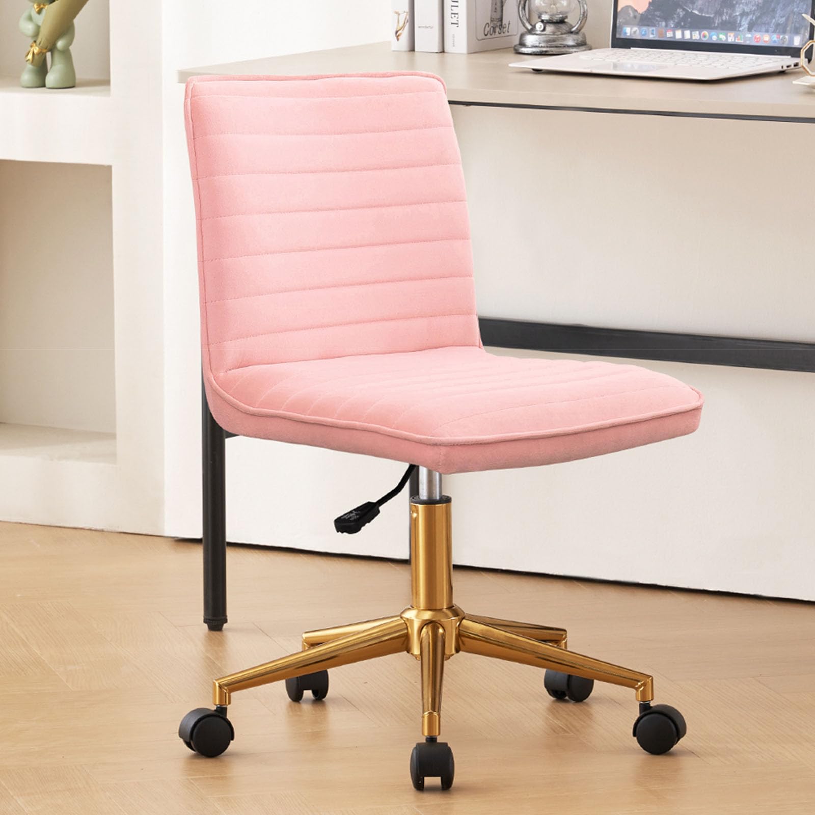 Furnimart Pink Swivel Armless Desk Chair with Wheels, Small Velvet Upholstered Home Office Desk Chair Mid-Back Adjustable Chair 