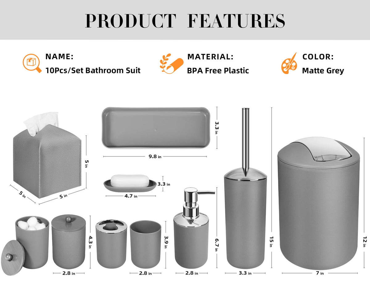 Alpiriral Grey Bathroom Accessories Set, 10Pcs Bathroom Accessory Set With Trash Can, Soap Dispenser And Toothbrush Holder, Soap