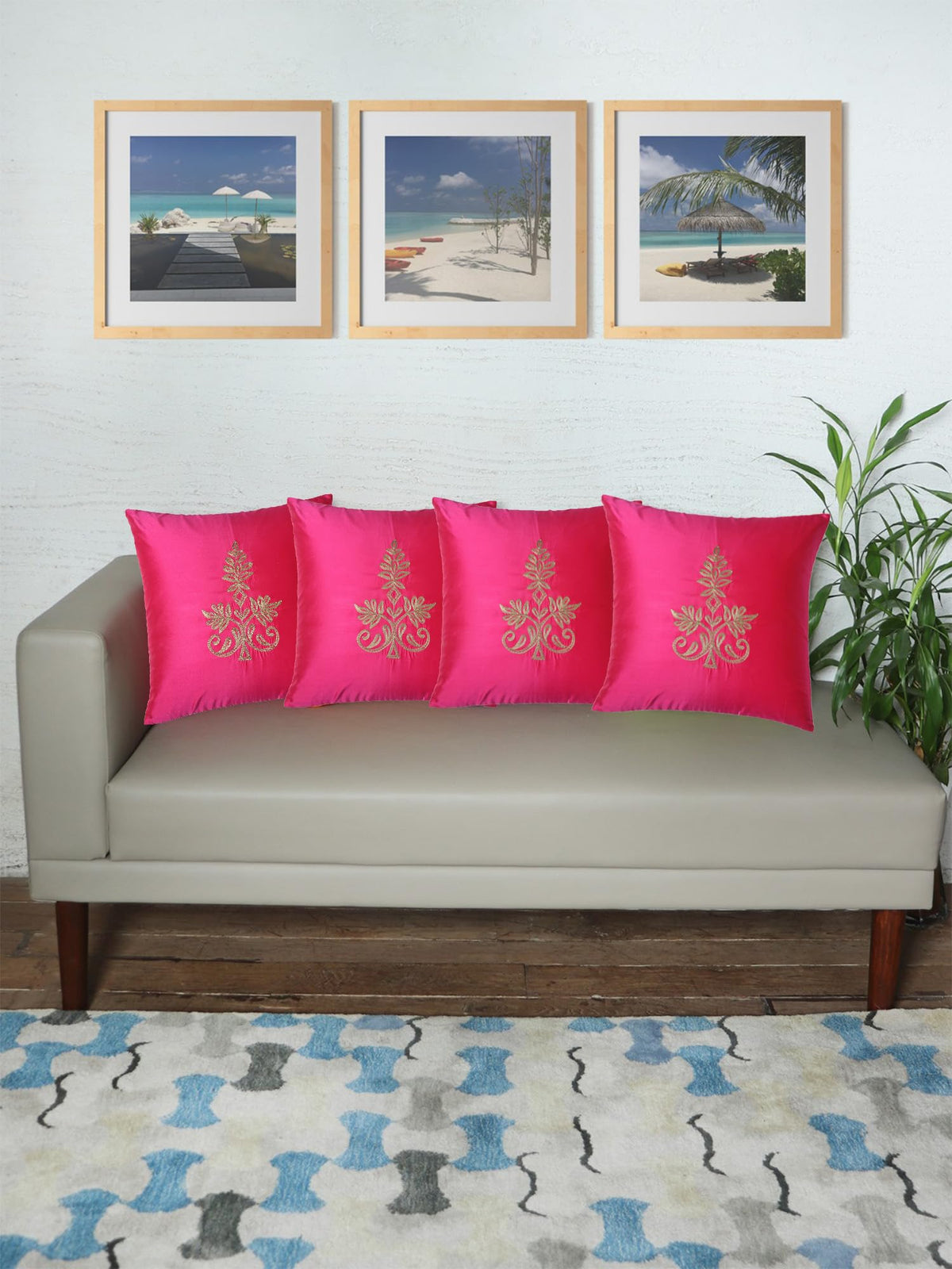 Zeba World Square Cushion Cover For Sofa, Bed | Motif Embroidery  Polyester | Pink  16 Inch X 16 Inch (40 X 40Cm) (Pack Of 4)