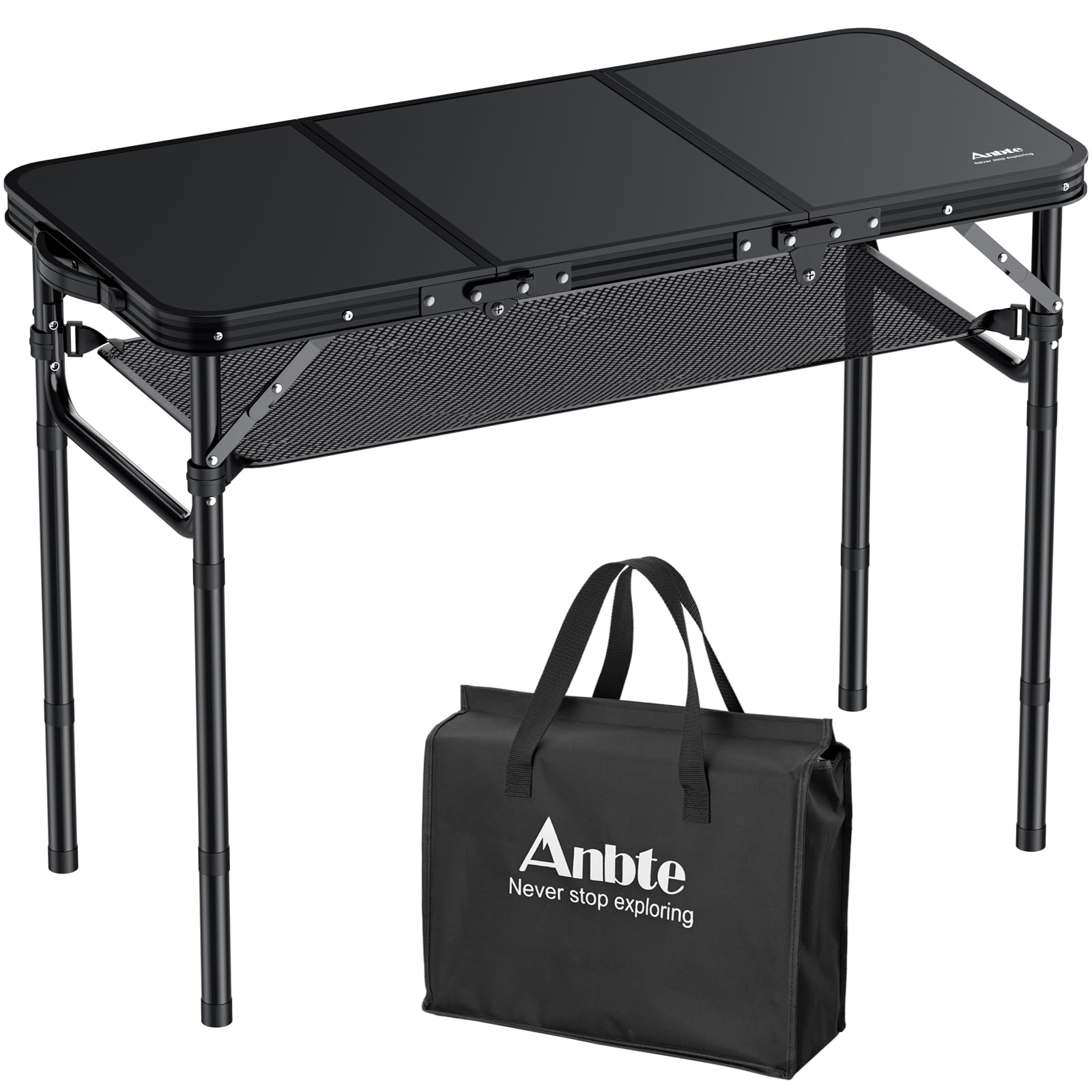 Anbte Folding Camping Table with Storage Net, 3ft Camping Table Aluminum Folding Table with 3 Adjustable Height Max 27.1 Inch Pi